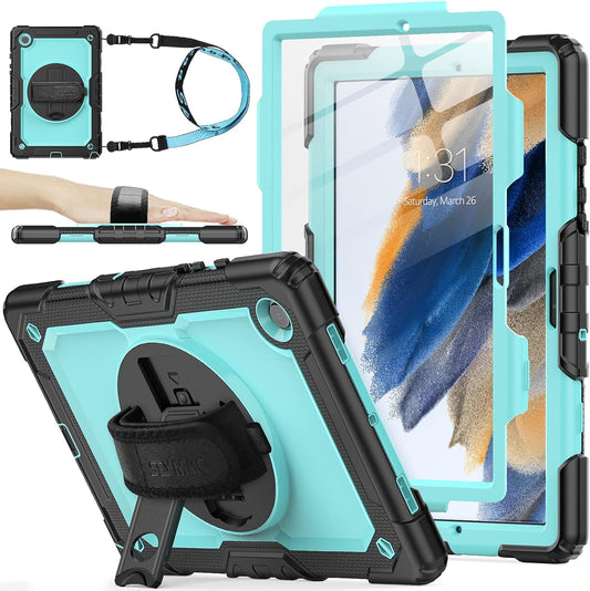 SEYMAC stock Case for Samsung Galaxy Tab A8 10.5'', Full-Body Drop Protection Case with Screen Protector Pencil Holder [360° Rotating Hand Strap] &Stand, SkyBlue+Black