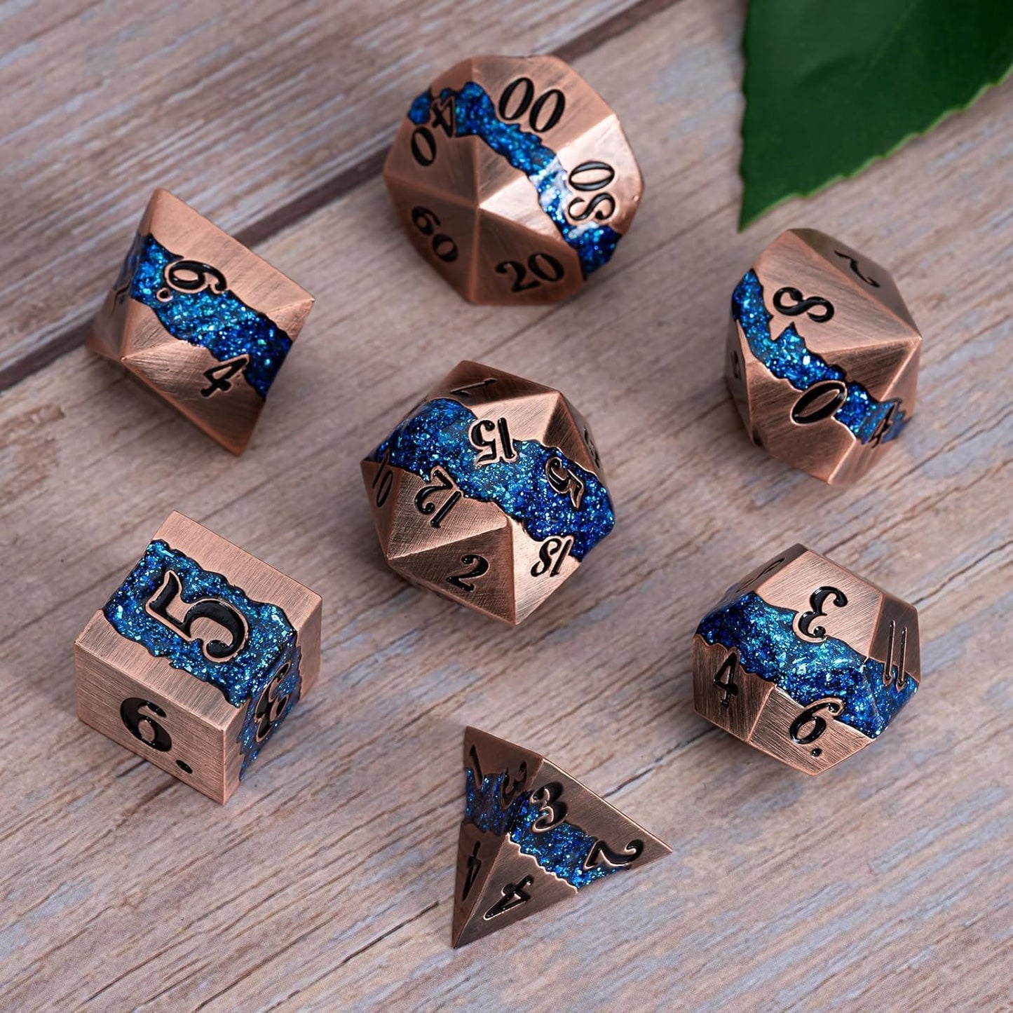 Metal DND Polyhedral Dice,Large Stripe Glitter Metallic Dice Set,Antique Silver Dice 7pcs Set for Role Playing Games(Antique Copper Blue)