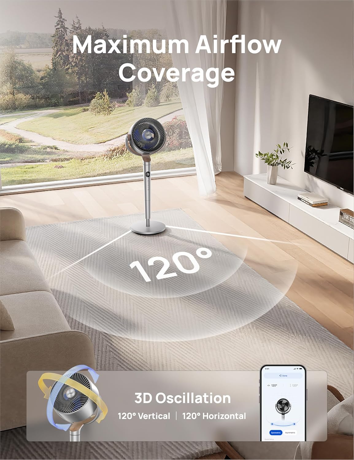 Dreo Smart Fans for Bedroom, 120° +120° Omni-Directional Oscillating Fan, 90ft Quiet Pedestal Fan with RGB Light, 9 Speeds, 6 Modes, 20dB, 8H Timer, Wi-Fi/Voice, 37-42" Floor Fans with Remote, Silver