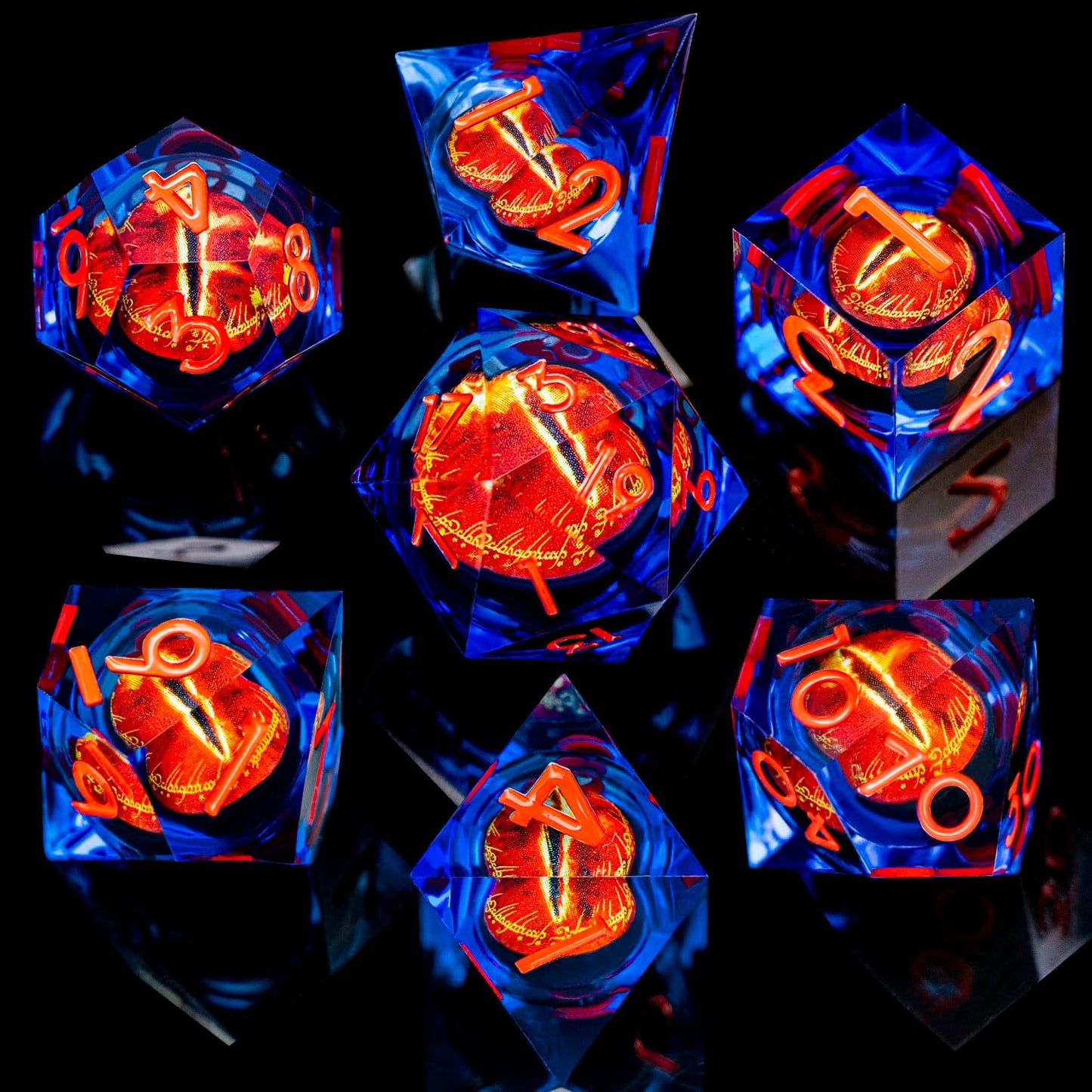 ARUOHHA DND Resin Dice Gazes Eye Dice Blue Red Liquid Core Flaming RPG Sharp Edged Dice Set with Gift Box, Polyhedral D and D Dice Set Compatible with Dungeons Dragons Role Playing Game D20 D6