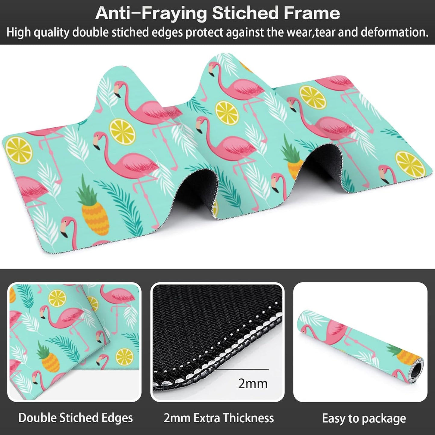 Pink Flamingo Desk Mat,Large Summer Flamingos Pineapples Tropical Leaves Gaming Keyboard Mouse Pad,Non-Slip Rubber Base Desk Pad Thick Stitched Edges Waterproof Mousepad Mouse Mat 31.5"x11.8"