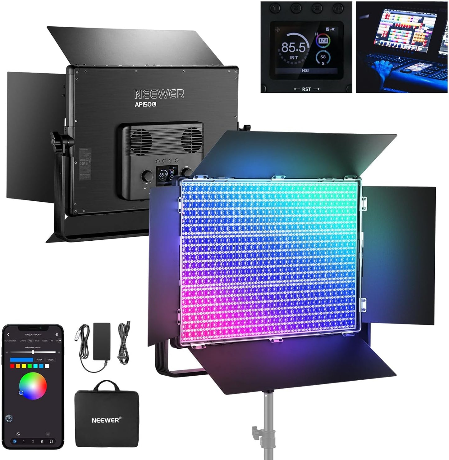 NEEWER 150W RGB LED Panel Video Light Kit with Barn Doors, 1800 LEDs 42500Lux/0.5m 2500K-10000K CRI96+/TLCI97+ 0-100% Dimming, APP/2.4G/Panel/DMX Control for Pro Studio Gaming Lighting, AP150C