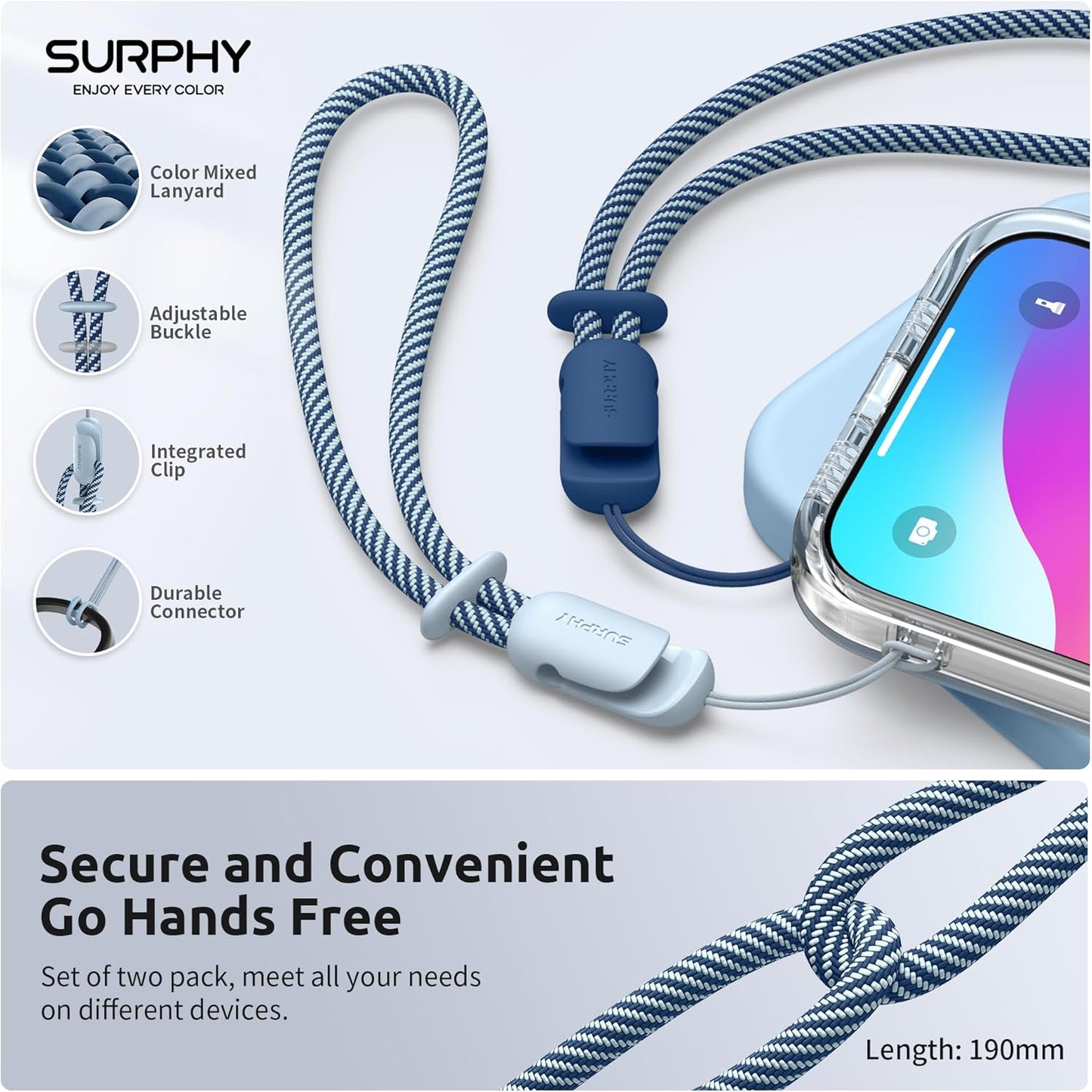 SURPHY 2 Pack Phone Lanyard for Cellphone Case, Phone Wrist Strap for Case, Cellphone Strap with 2-Color Braided, Charm Wrist Lanyard for Women and Men, Cloud Blue & Blue Jay