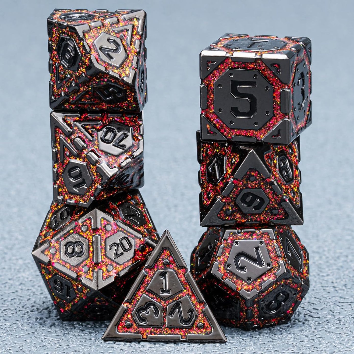 DND Metal Dice Set, Polyhedral Dice Set for RPG D&D Dice with Cracks Dungeons and Dragons Dice Set for RPG TTRPG D&D Die with Gift Case(Black Nickel Red)