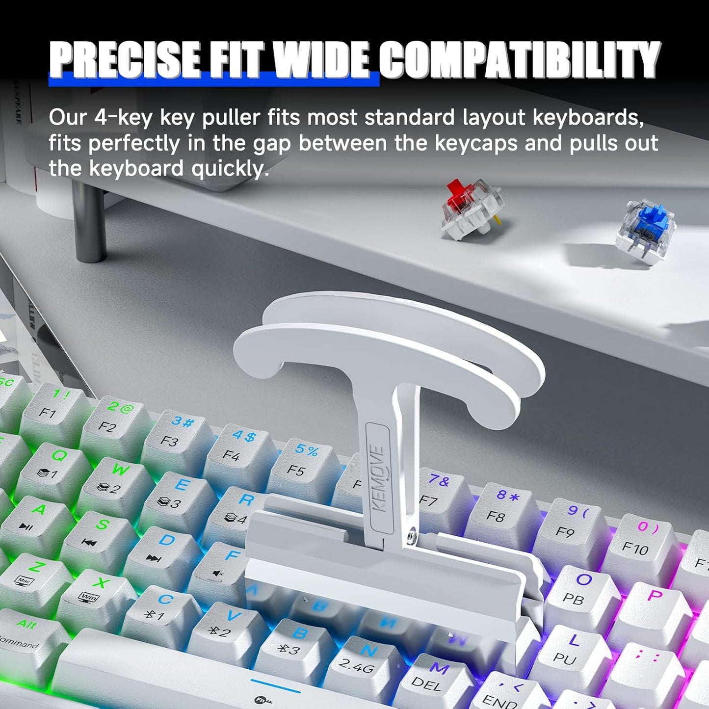 KEMOVE P11 4-Key Keycap Puller - Custom Gaming Mechanical Keyboard Cleaning and Removal Tool, Made with PC and 420 High-Carbon Stainless Steel, Suitable for Standard Layout Keyboards (White)