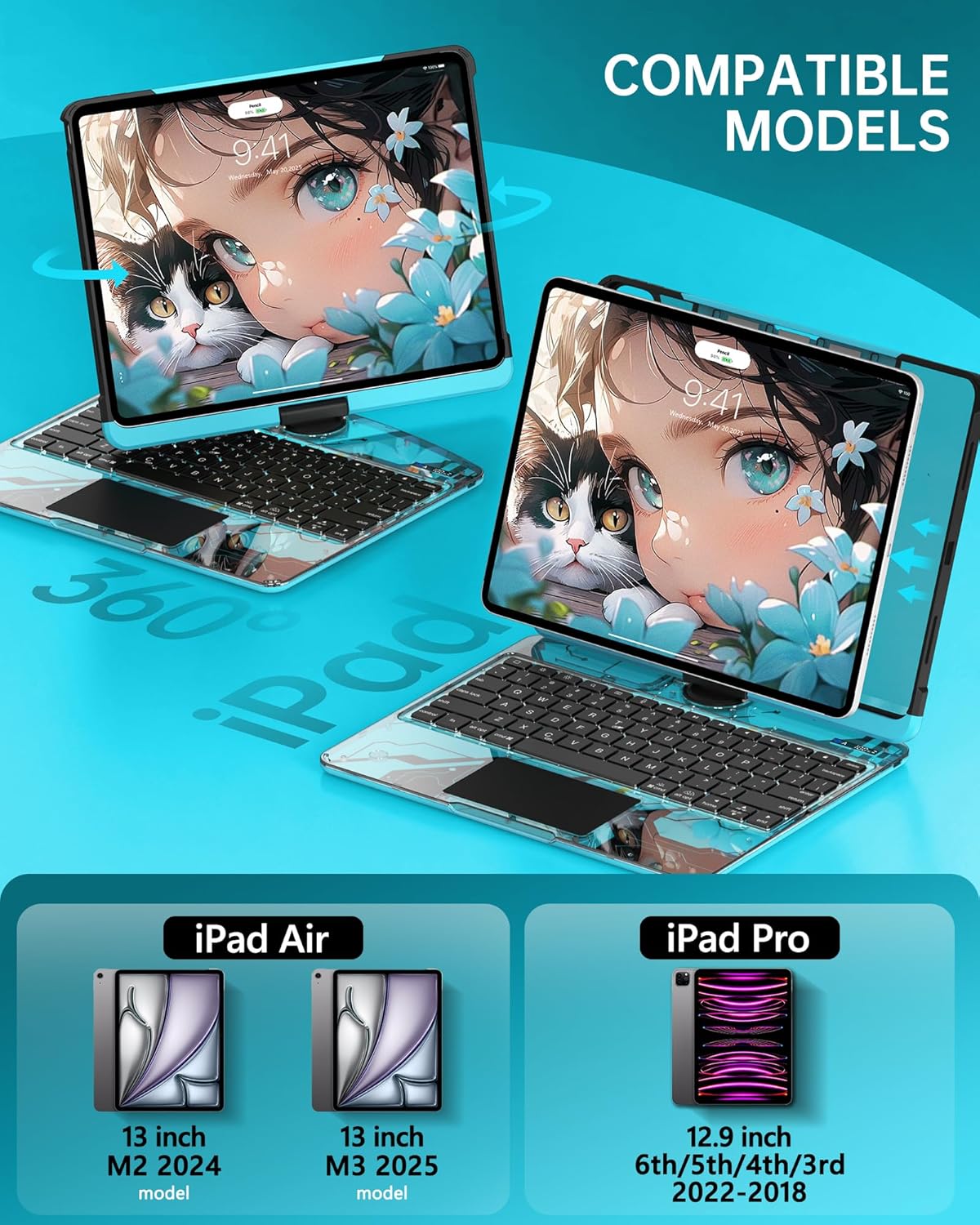 Intermerge Clear Keyboard Case for iPad Air 13" (M3/M2, 2025/2024) & Pro 12.9" (2022-2018) - 360° Rotatable Trackpad, RGB Backlit Keyboard, Pencil Holder, Power Indicator, Type-C, Nebula Core X