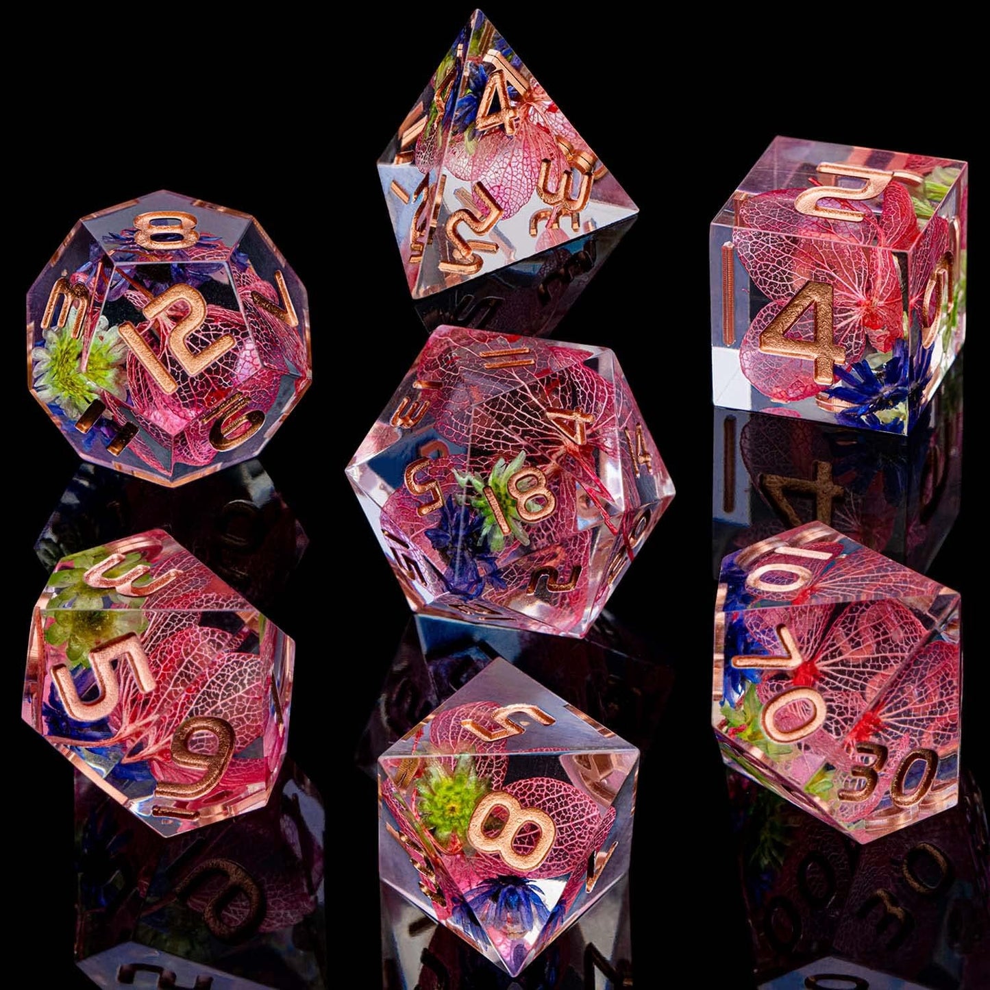 ARUOHHA DND Resin Dice Translucent Pink Leaf Sharp Edged Dragons Dice Set with Box, 7pcs Flower Inclusions Polyhedral Dungeons D and D Dice RPG Role Playing Game D20 D12 D10 D8 D6 D4