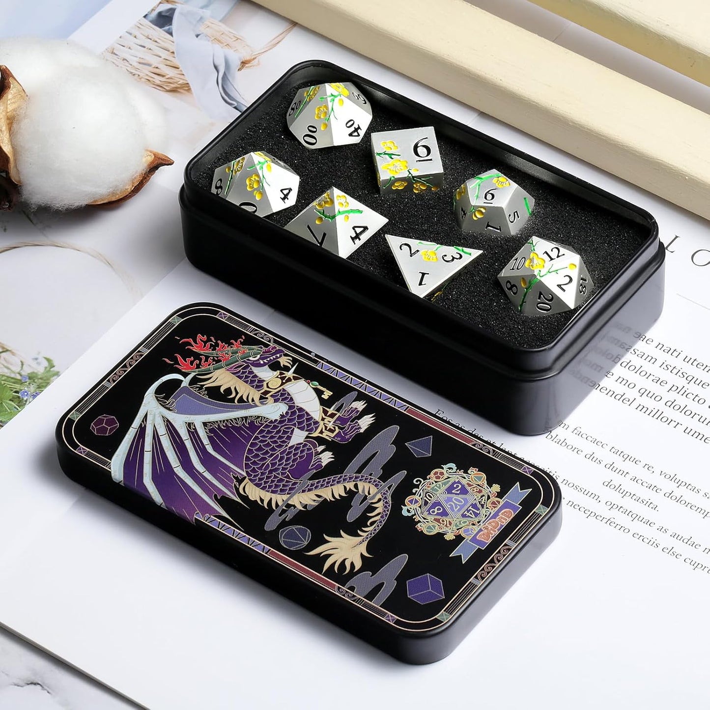 Silver Metal DND Dice, DNDND 7 PCS Heavy Flower Metallic D&D Dice Set with Gorgeous Gift Case for Dungeons and Dragon Tabletop Game (Matte Silver with Yellow Flower)