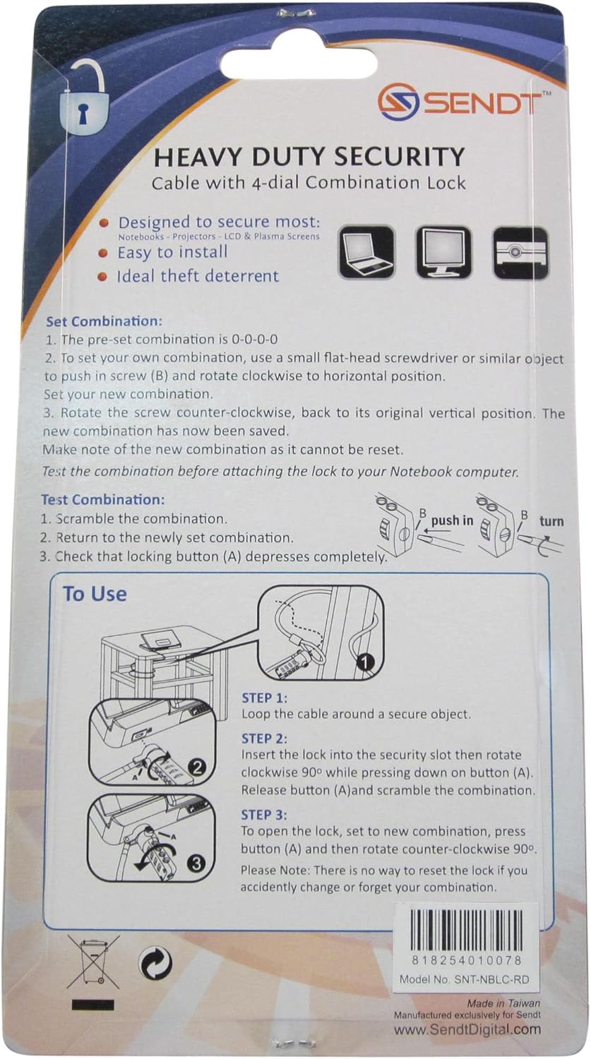 Sendt Red Notebook/Laptop Combination Lock Security Cable