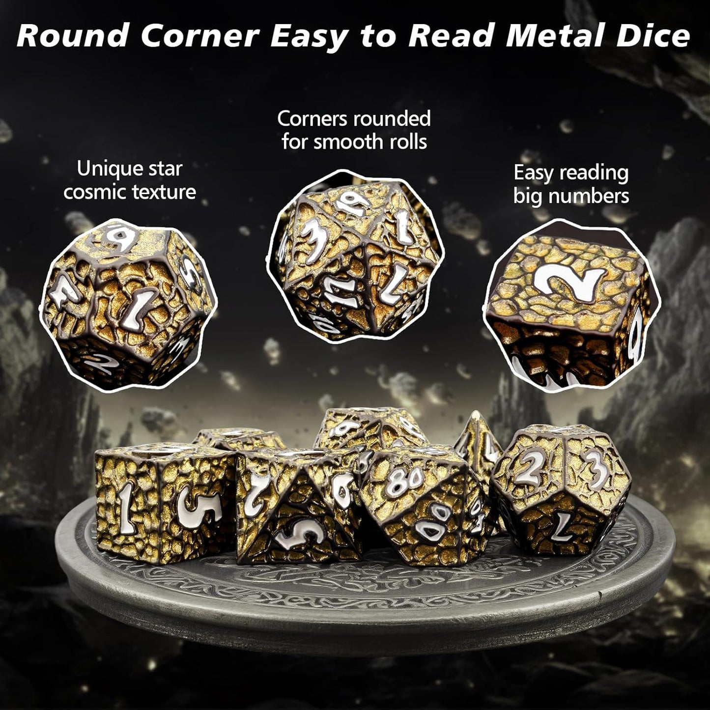 PJOY Metal D&D Dice Set for Dungeons and Dragons Dice with Case Meteorite Black Gold Glitters 7PCS 16mm Role Playing Cool DND Gifts for Players DM Board Game Masters