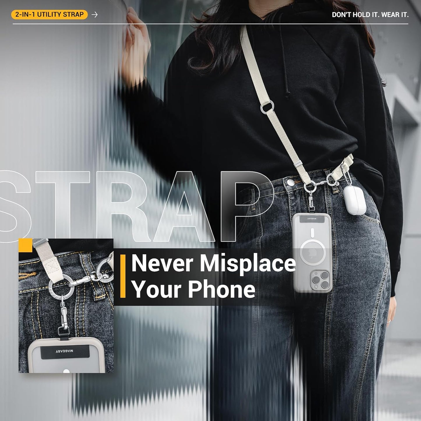 MAGEASY 2-In-1 Cell Phone Lanyard Crossbody - Universal Crossbody Phone Strap & Phone Wrist Strap with Built-in Keychain, Phone Tether Tab | Anti Drop & Anti Theft for Daily & Outdoor Activities