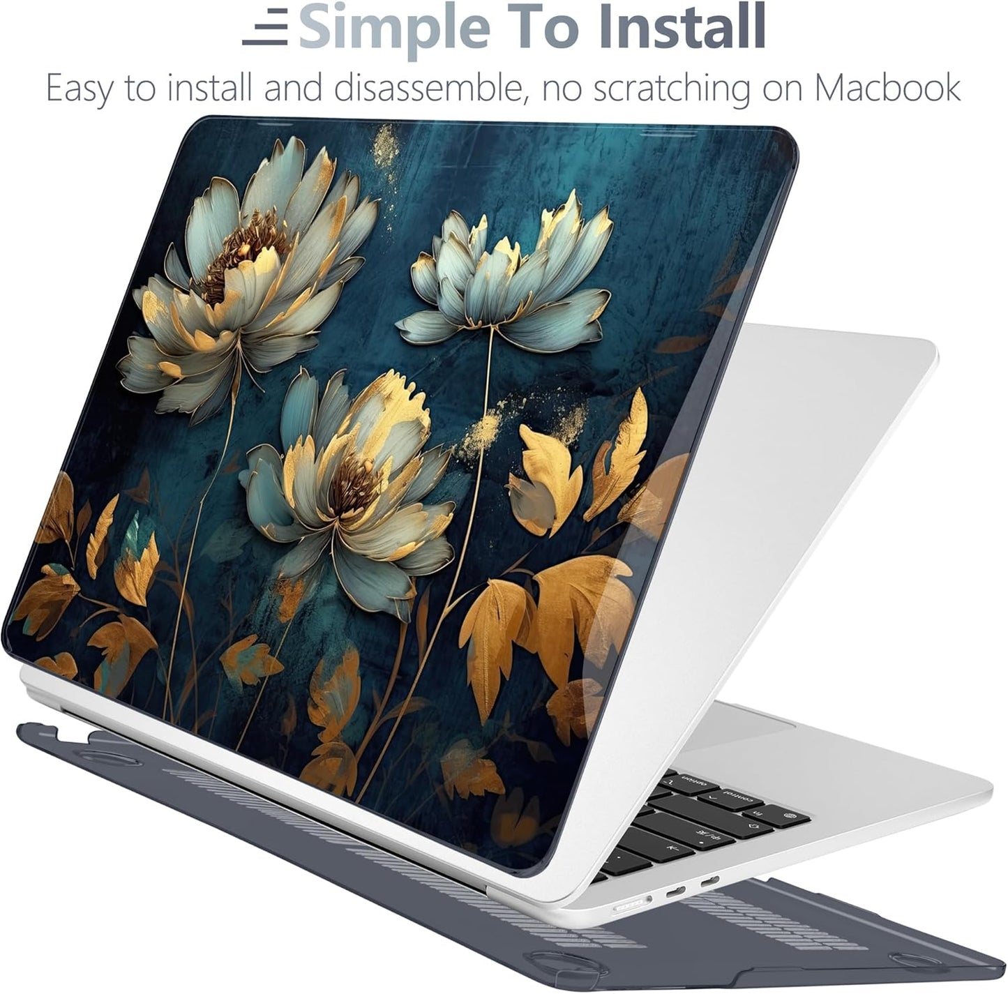 Batianda Premium Case for New MacBook Air 15 inch 2025 2024 2023 with M4 M3 M2 Chip, Designed Black Protective Plastic Hardshell & Keyboard Cover & Screen Protector, Blooming Flowers