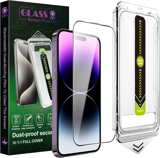 [2-Pack Ultra HD Clear Screen Protector for iPhone 14 Pro Max/15 Plus/16 Plus (6.7-Inch),9H Tempered Glass,Full Coverage,Anti-Fingerprint,Auto Dust Removal,Bubble-Free,Easy Installation