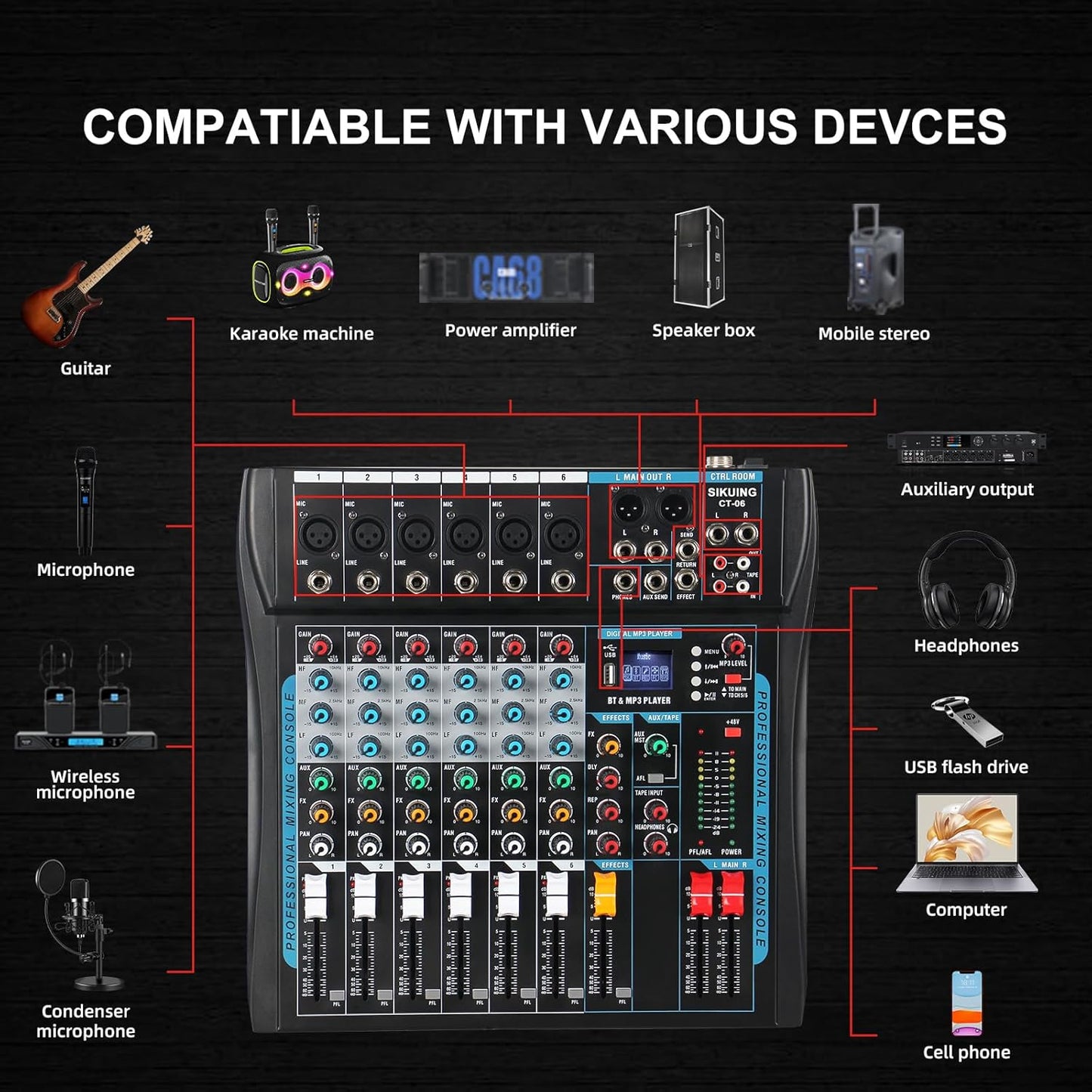 Audio Mixer,6 Channel Board Mixer for Streaming, Professional Sounds Board Mixer with 16 DSP Effect, USB Audio Interface and 48V Phantom Power, Stereo DJ Mixers for PC Recording/DJ stage