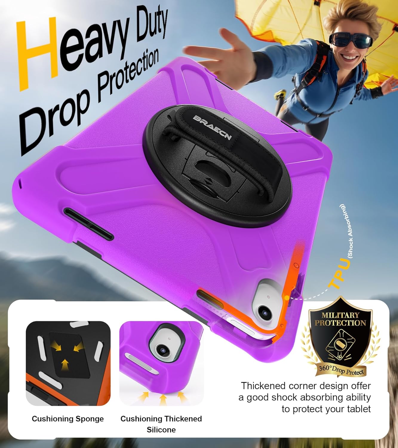 BRAECN for iPad (A16) 11th/10th Generation case 11/10.9 inch 2025/2022 Heavy Duty Shockproof Protective with Pencil Holder Screen Protector 360°Rotating Stand Handle & Shoulder Strap Full Body Cover