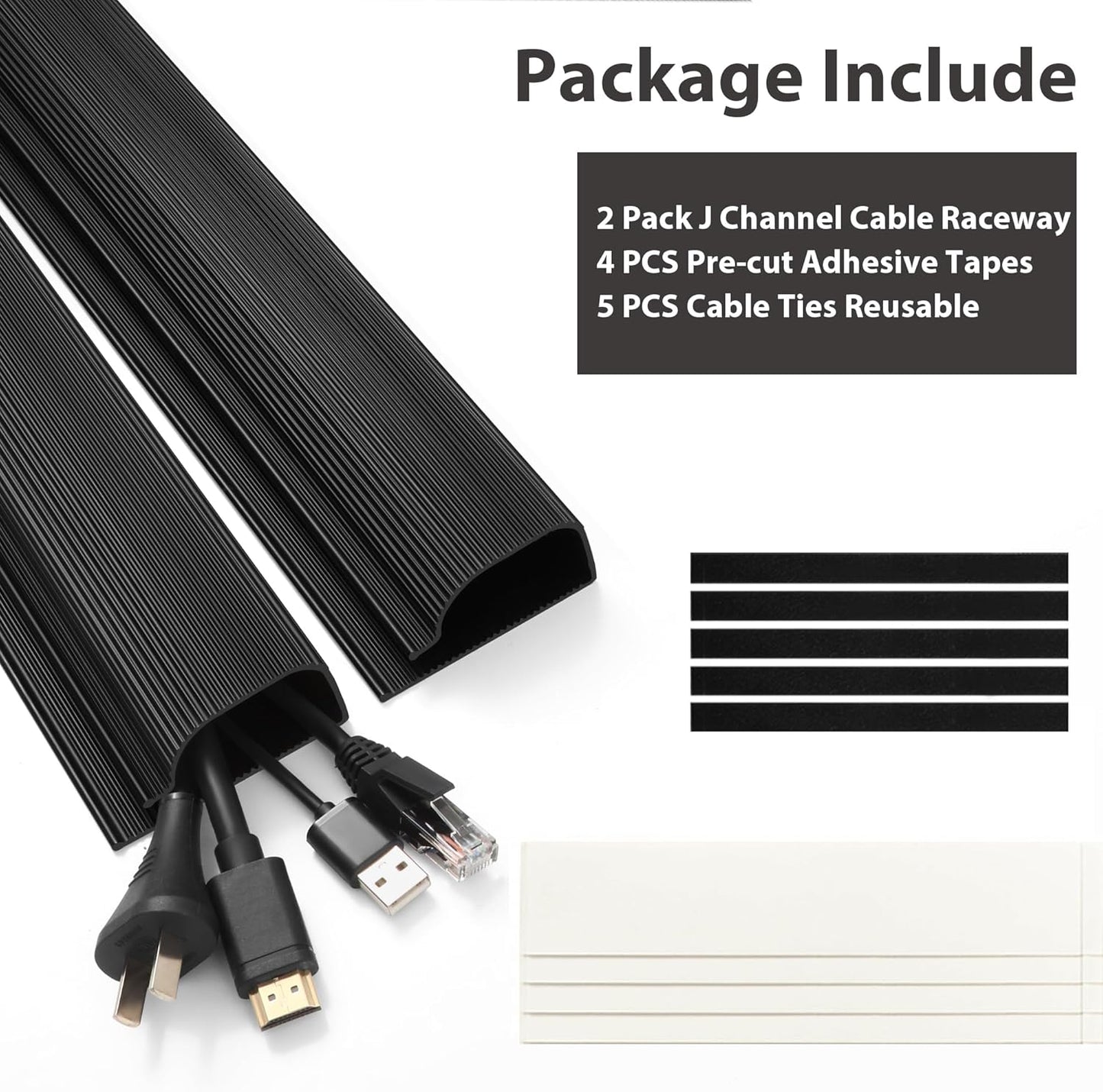 Cable Management Under Desk (31.5in J Channel 2x15.7in) Self Adhesive Cable Raceways Channel, Easy to Install Cord Cover Hider Desk Cord Organizer Electrical Black
