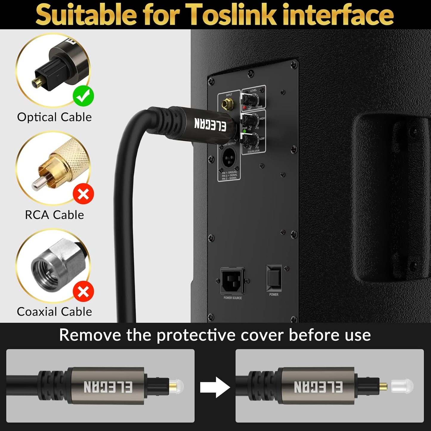 Elecan Optical Audio Cable 4 Ft/2 Pack Digital Audio Toslink Cable Cord-Fiber Optic-Gold Plated-Flexiable&Durable-for Home Theater,Sound Bar,PS4& Xbox-with Right Angled+Mini Toslink Adapters+Ties