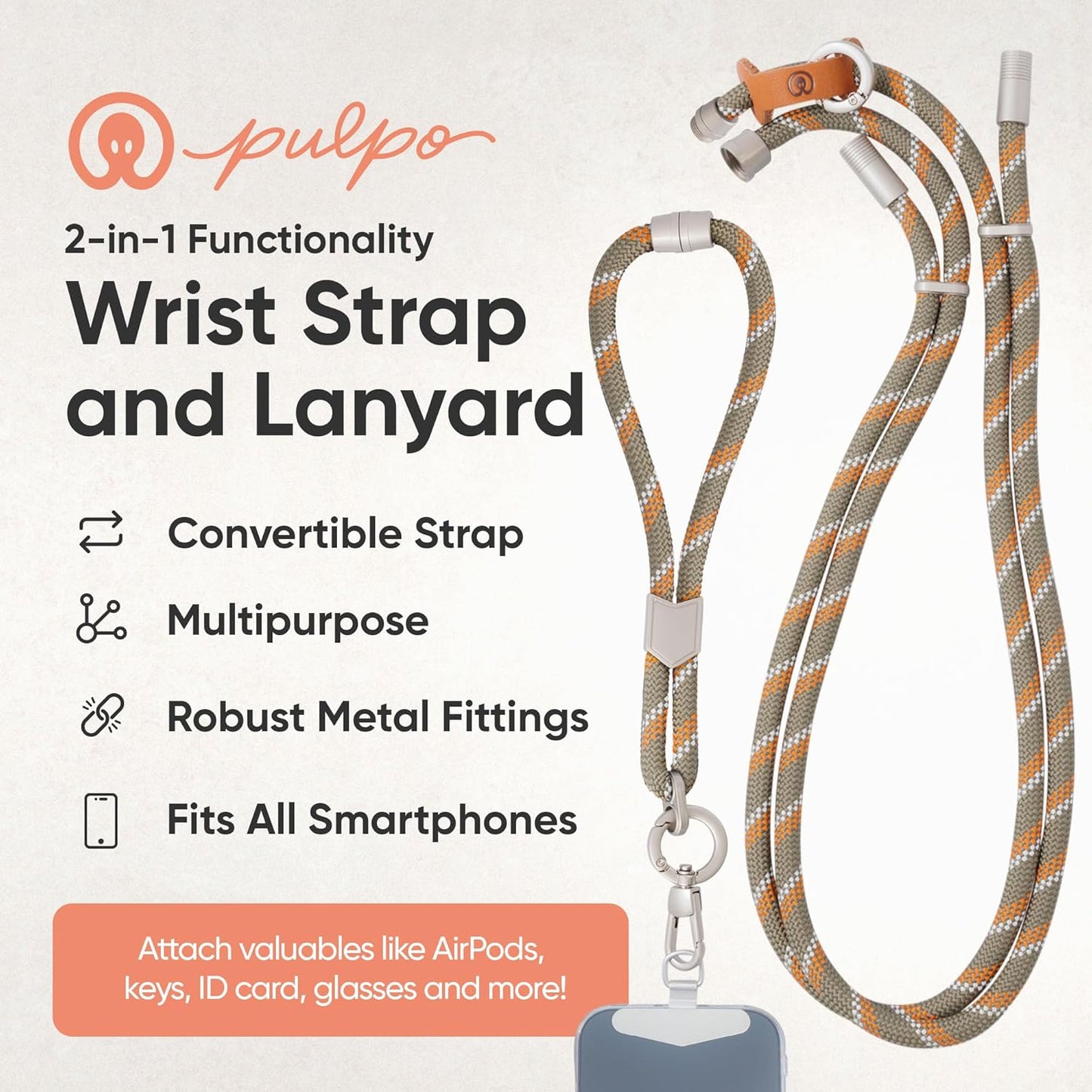 Pulpo 2-in-1 Cell Phone Wrist Strap and Lanyard Green & Orange - Anti Theft Phone Lanyard for Men & Women, Wrist Straps for Phones, Lanyards for Smartphones, Adjustable Cellphone Leash & Strap Tether