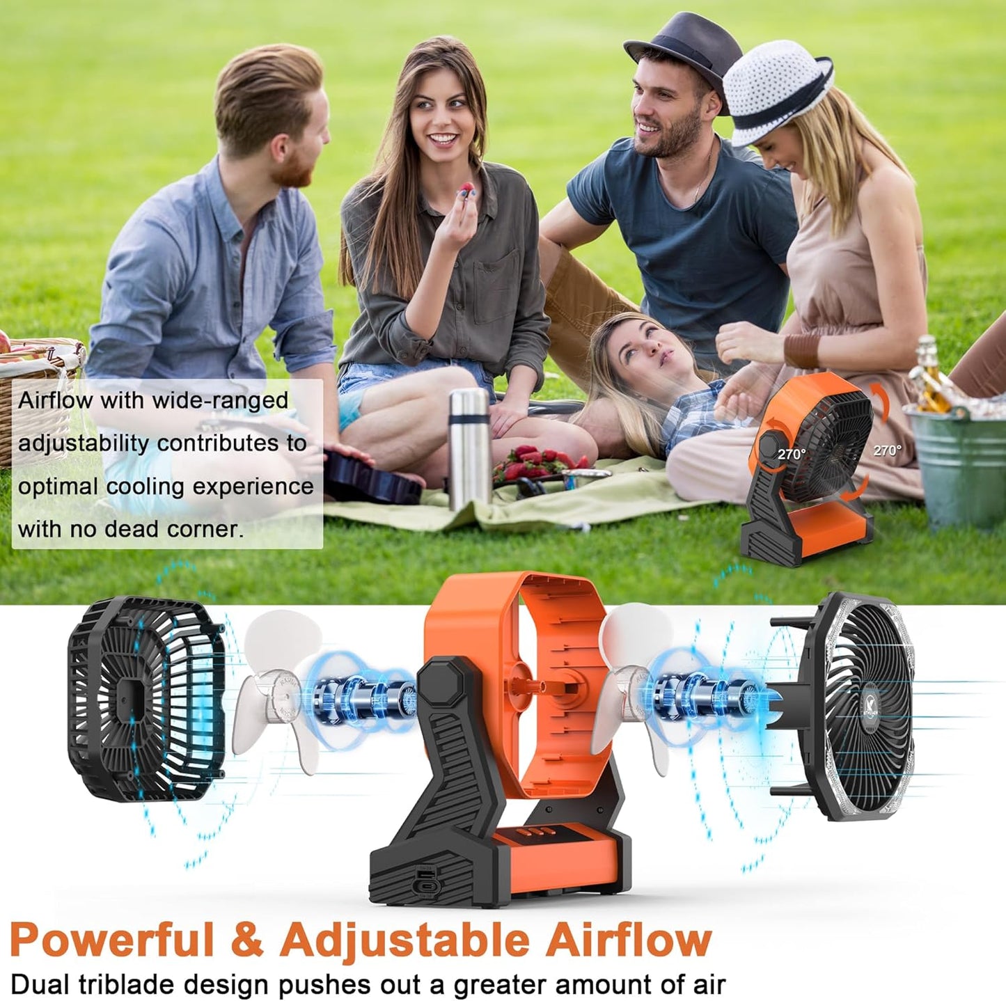 KITWLEMEN 20000mAh Battery Powered Camping Fan - 58H Max Cooling, Rechargeable Battery Operated Desk Fan with 4 Speeds, Bright Light & Hanging Hook, Portable for Tent Outdoor Hurricane Power Outage