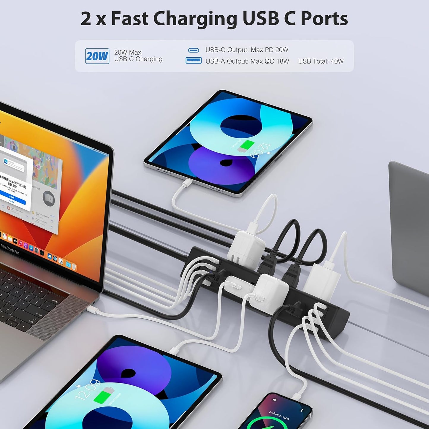 40W Fast Charging Station,Desk Clamp Power Strip 20W USB C,8 Outlets,8 USB Ports,4 USB C and 4 USB A, Office Furniture Nightstand Edge Mount Surge Protector, 14AWG Cord, Fits 1.9" Tabletop Edge
