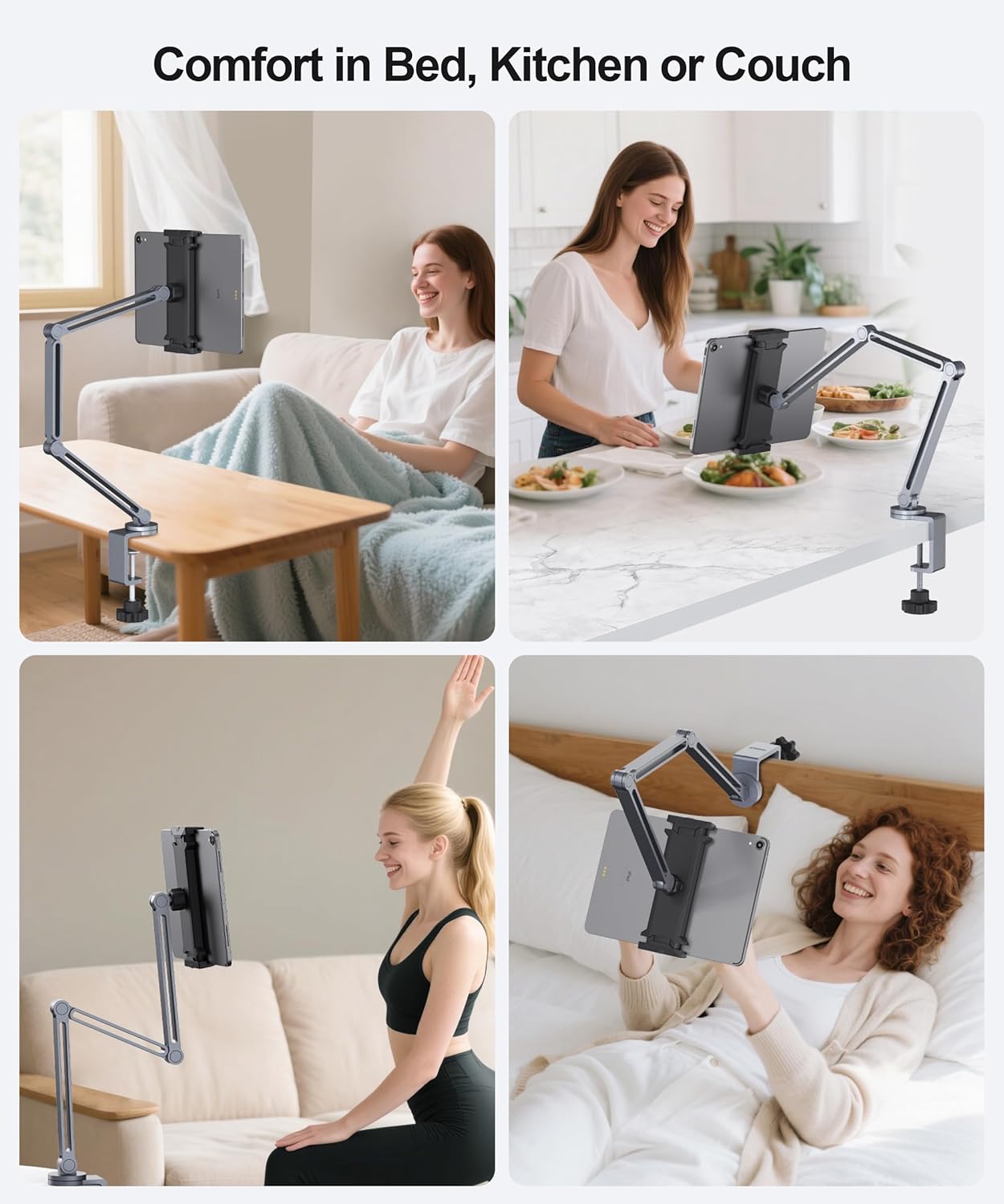 Tablet Arm Mount with Super Grip, Adjustable Foldable Holder & Heavy Duty Aluminum 360° Rotating Clamp for iPad, Phone, Monitor, Kindle - Universal for Desk, Bed, Kitchen - Gray