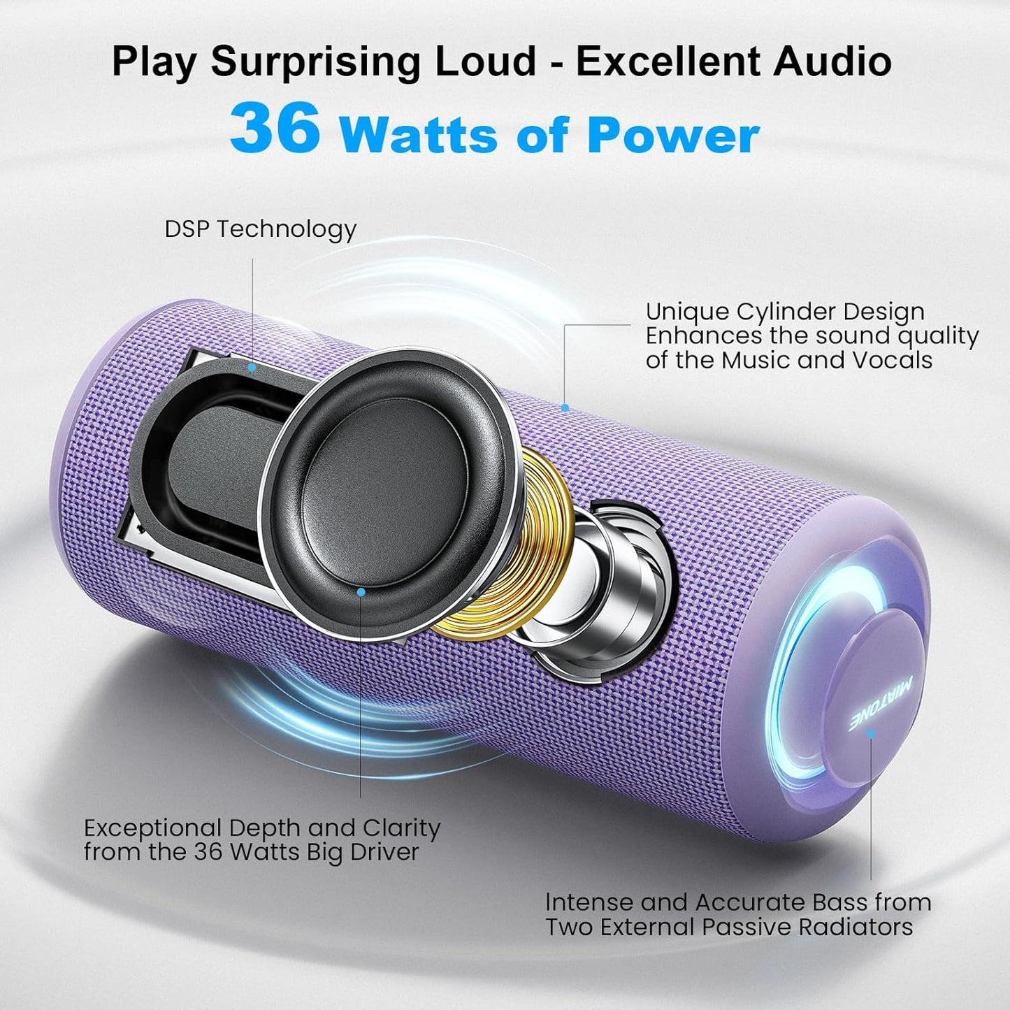 MIATONE Portable Bluetooth Speaker 36W Stereo Sound Bass Boost, 24H Playtime, Bluetooth 5.3 TWS Pairing Girl Friend Gifts for Woman(Purple)