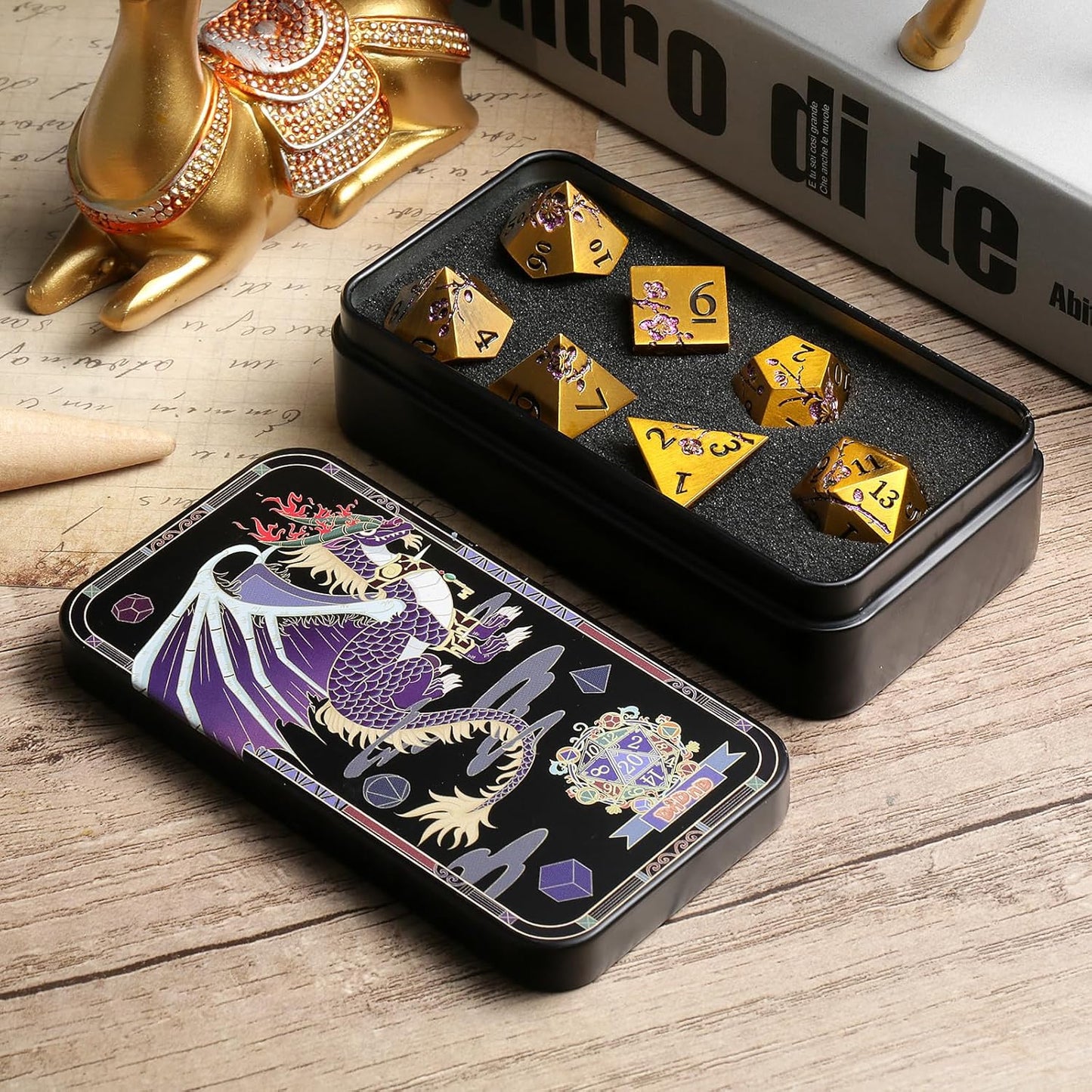 DNDND Flower Metal DND Dice, 7 PCS Heavy Solid Metallic Dragon Dice Set with Gorgeous Gift Case for D&D Dungeons and Dragon Tabletop Game (Ancient Brass)