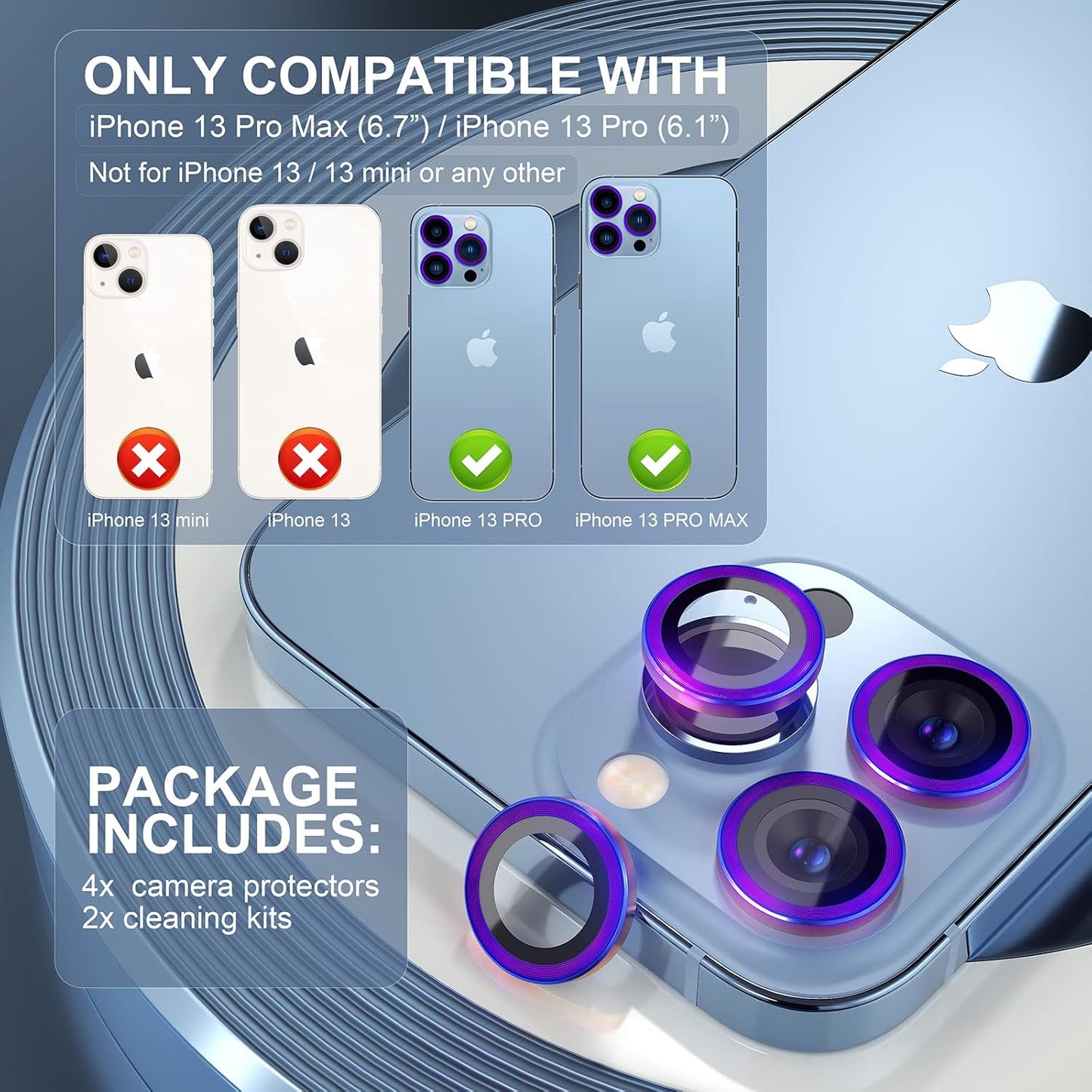 Choiche [3+1 for iPhone 13 Pro/iPhone 13 Pro Max Camera Lens Protector, 9H Tempered Glass Camera Cover Screen Protector Metal Ring Decoration Accessories (Colorful)