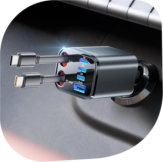 SUPERONE 6 in 1 Retractable Car Charger with Dual Type C Cables, 99W Ultra-Compact USB C Car Accessories Adapter with 4 USB Ports, Fast Charging Car Charger for iPhone 16/15/14/13/12, Galaxy, iPad