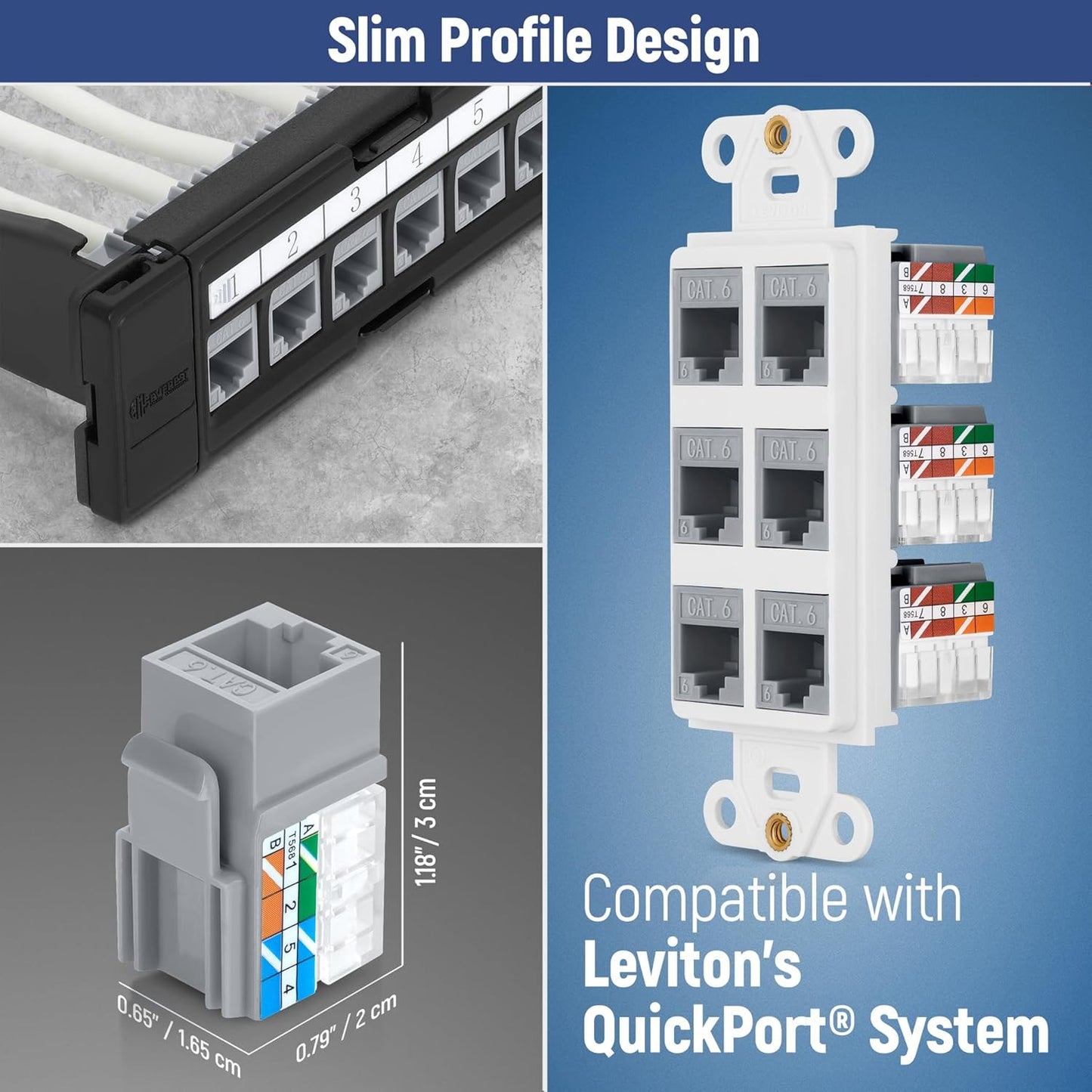 Everest 90° Angled RJ45 Cat6 Keystone Jacks 20-Pack in Gray - Slim Profile Female RJ45 Connectors - Cat 6 Keystone Jack - Compatible with 90° Angled Speed Termination Tool - easyJACK (B094WB91H3)