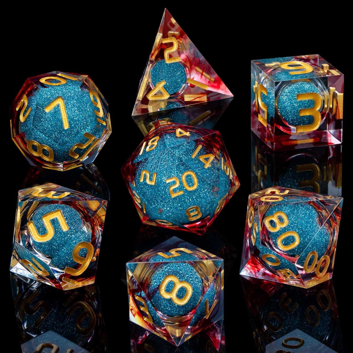 ARUOHHA Liquid Core DND Dice Set, 7pcs Resin Sharp Edged Dice RPG Red Blue Polyhedral D and D Dice with Gift Box, Role Playing Dice Set D20 D12 D10 D8 D6 D4