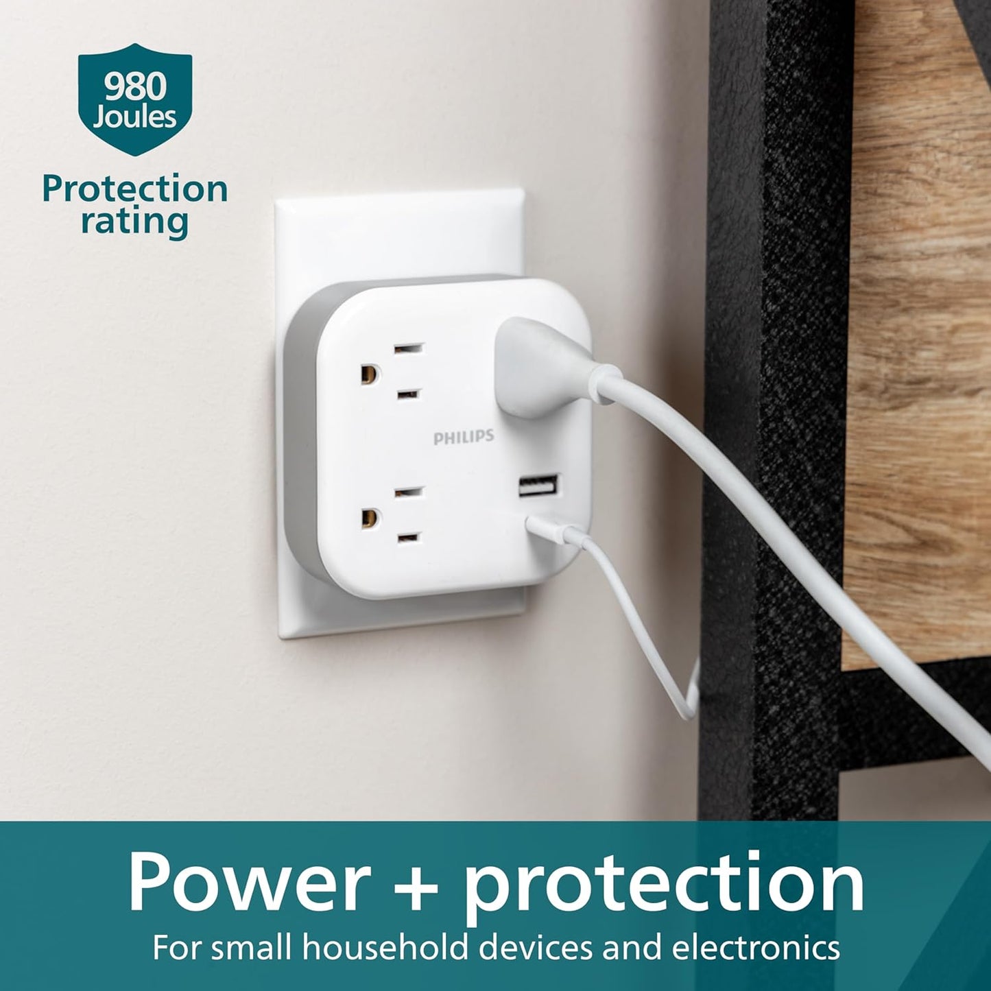 Philips EZFit 3-Outlet Surge Outlet Extender with USB, 1 USB-A, 1 Type-C, Adapter Spaced, Charging Station, 12W, 980 Joules, 2 Pack, White - SPP3605W/37