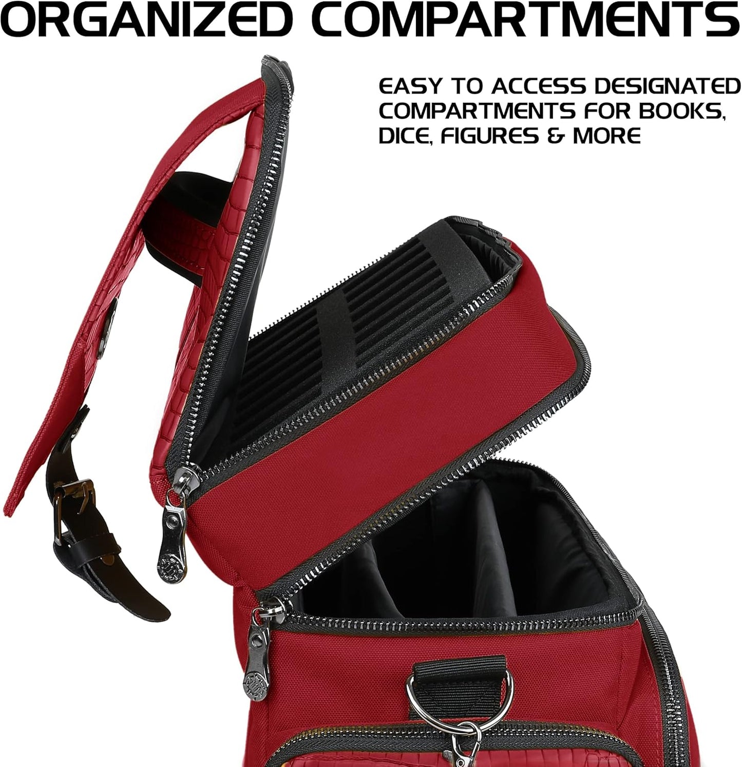 ENHANCE DND Bag - RPG Dungeons and Dragons Accessory Bag with Mini Storage, Mat Holder, Dice Pockets, Suitable for 4-8 Books, Red Dragon, Customizable