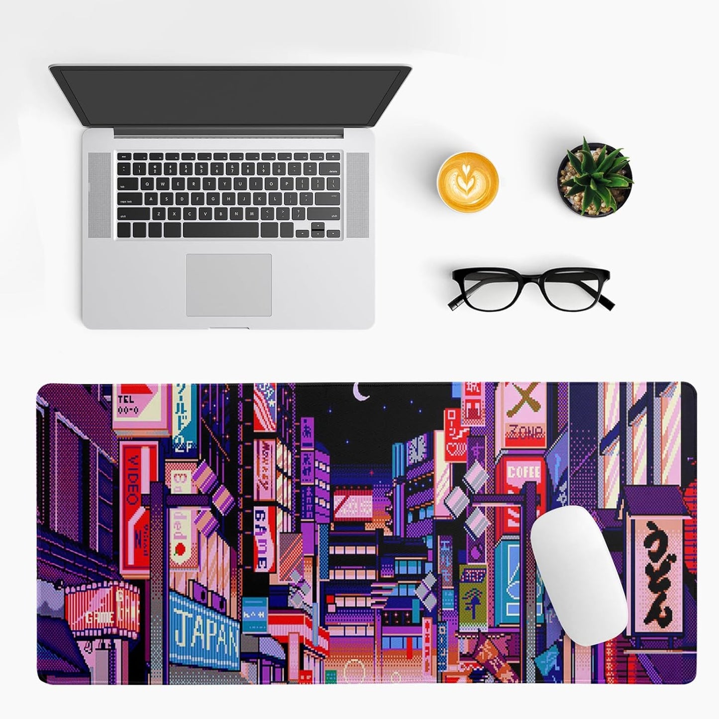 Dark Purple Japanese Gaming Mouse Pad Abstract Anime Mat 31.5x11.8 Inch Tokyo Pixel Street Texture Non-Slip Rubber Base Kawaii Mousepad Stitched Edges Keyboard Desk Pad for Office and Home Game