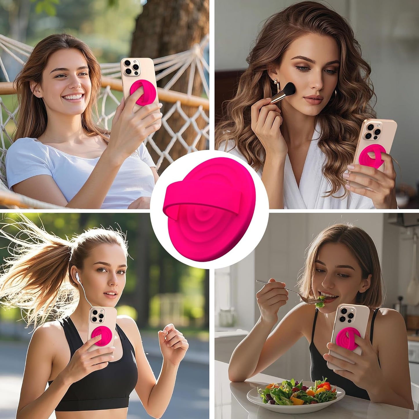 Magnetic Phone Ring Grip Holder, Silicone Finger Loop Grip, Compatible with MasSafe, Back of Phone for iPhone Pro Max/Plus/16/15/15/14/13/12 Series, Neon Pink