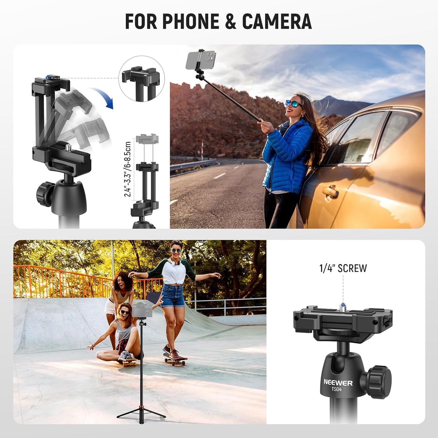 NEEWER BASICS 59"Selfie Stick Tripod Compatible with iPhone & DLSR Camera, Small Metal Compact Portable Travel Desk Stand with Remote Ball Head 2in1 Cell Phone Holder Mount for Video Recording Filming