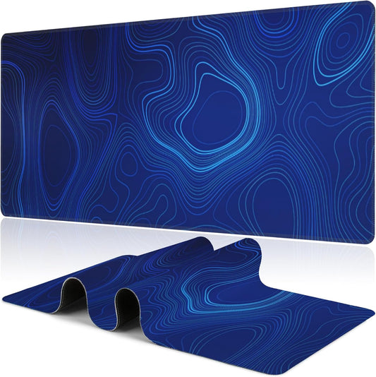 Abstract Topography Design Desk Mat,Large Dark Blue Topographic Line Art Gaming Keyboard Mouse Pad,Non-Slip Rubber Base Desk Pad Thick Stitched Edges Waterproof Mousepad Mouse Mat 31.5"x11.8"
