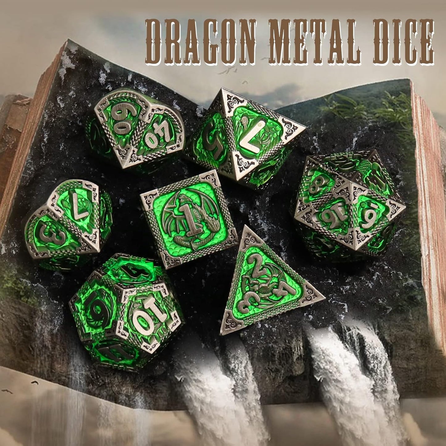 PJOY D&D Dice Set Metal DND Green Dice with Case Compatible with Dungeons and Dragons Ranger Gifts