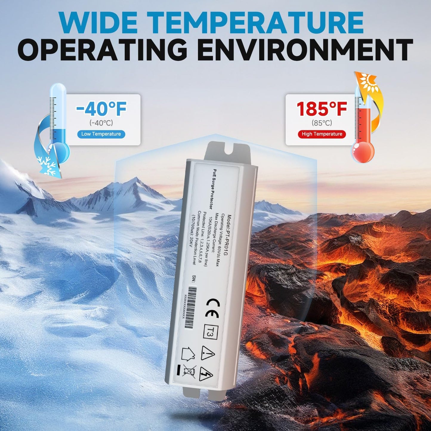 PROCET Ethernet Surge Protector Gigabit - 20KV Industrial Lightning Arrestor for -40°F to 185°F, 120Wmax PoE++ RJ45 Surge Protector, 10/100/1000Mbps, Gas Discharge Tube（GDT）, PT-PR01G