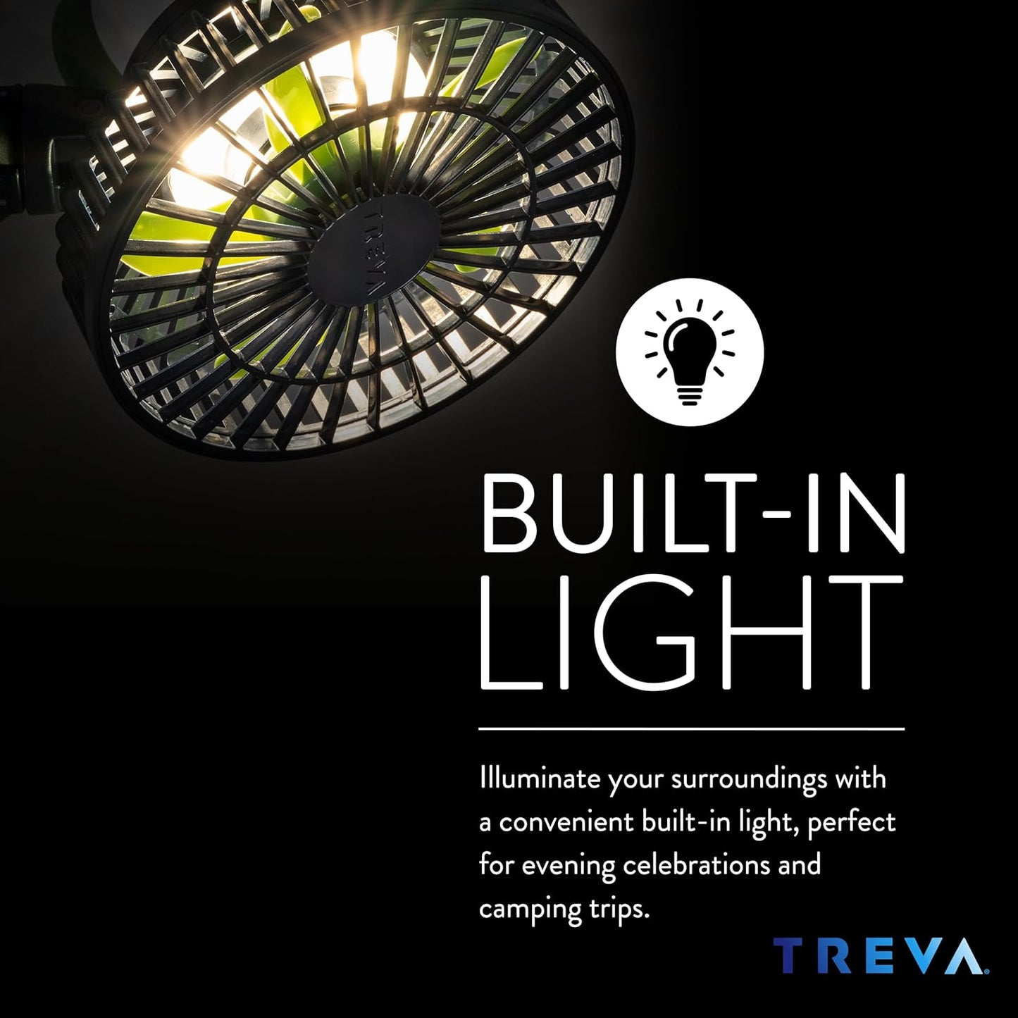 Treva 5 Inch Tripod Fan with Built-In Light and Attachable Phone Mount, Rechargeable 3-Speed Mini Fan with Handle for Travel, Camping, Outdoors