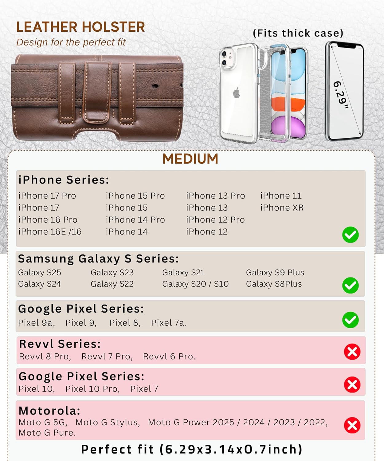 Leather Phone Holster for Men, Horizontal Cell Phone Case, Fits iPhone 17/17 Pro 16/16 Pro 16e 15/15 Pro 14/14 Pro 13/13 Pro 12/12 Pro 11 XR, Belt Clip Phone Pouch Holder, Brown Medium.