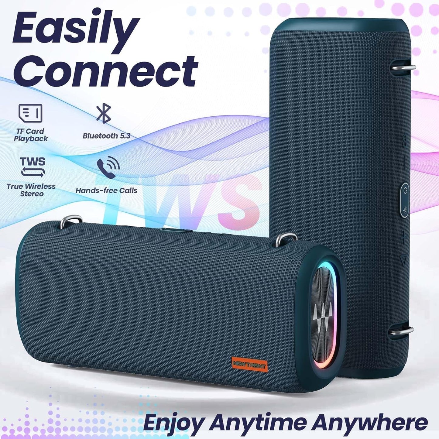 Vibe Pro Outdoor Bluetooth Speaker, 80W Peak Loud Portable Wireless Speaker, Waterproof IPX65, Deep Bass, RGB Lights, Studio Quality Sound Powered by Waves Audio, Party & Pool Ready (Blue)