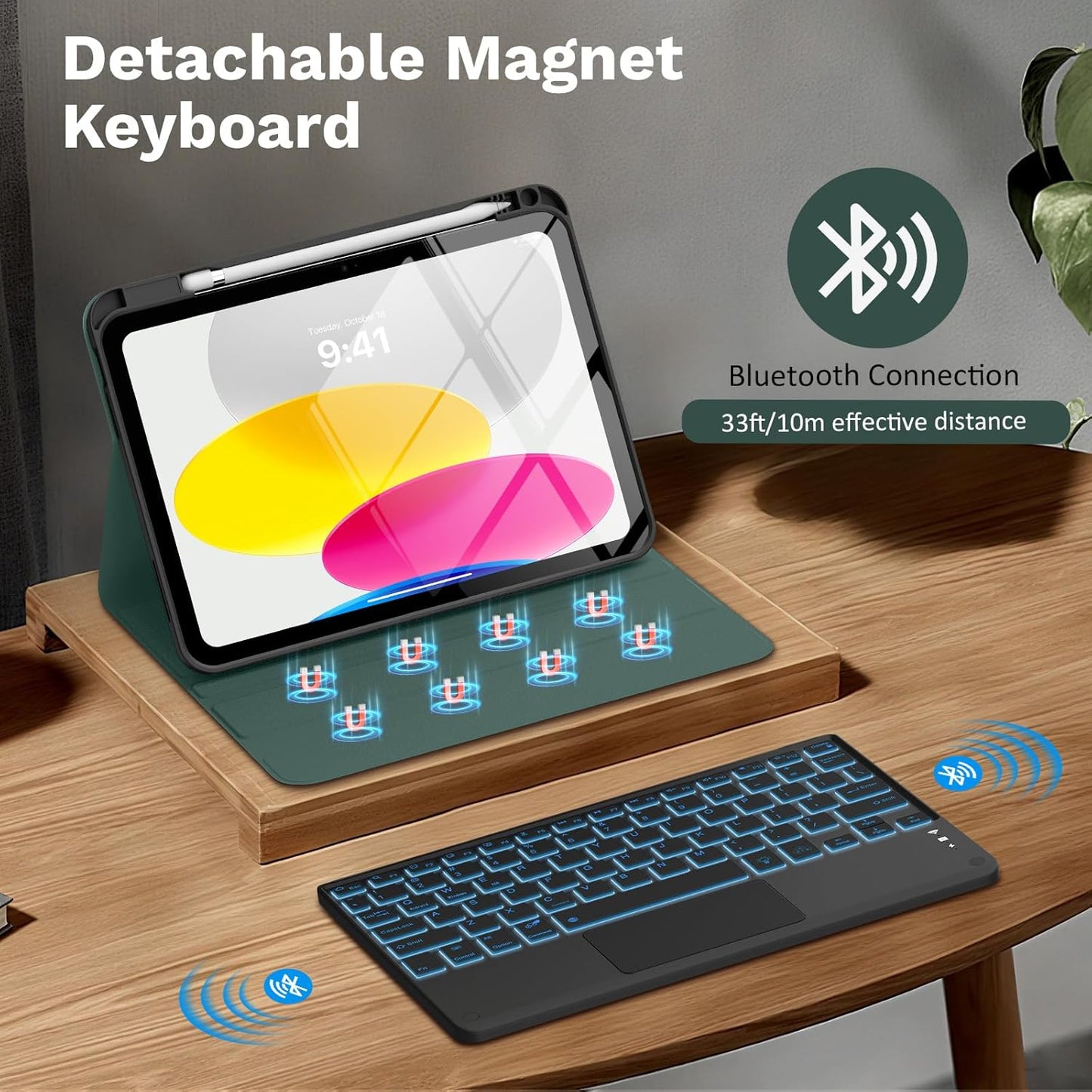 MoKo Touch Keyboard Case for iPad (A16) 11th Generation 11 inch 2025,iPad 10th Generation 10.9 inch Case with Pencil Holder,7 Colors Backlit Multi-TrackPad Detachable Bluetooth Keyboard,Midnight Green