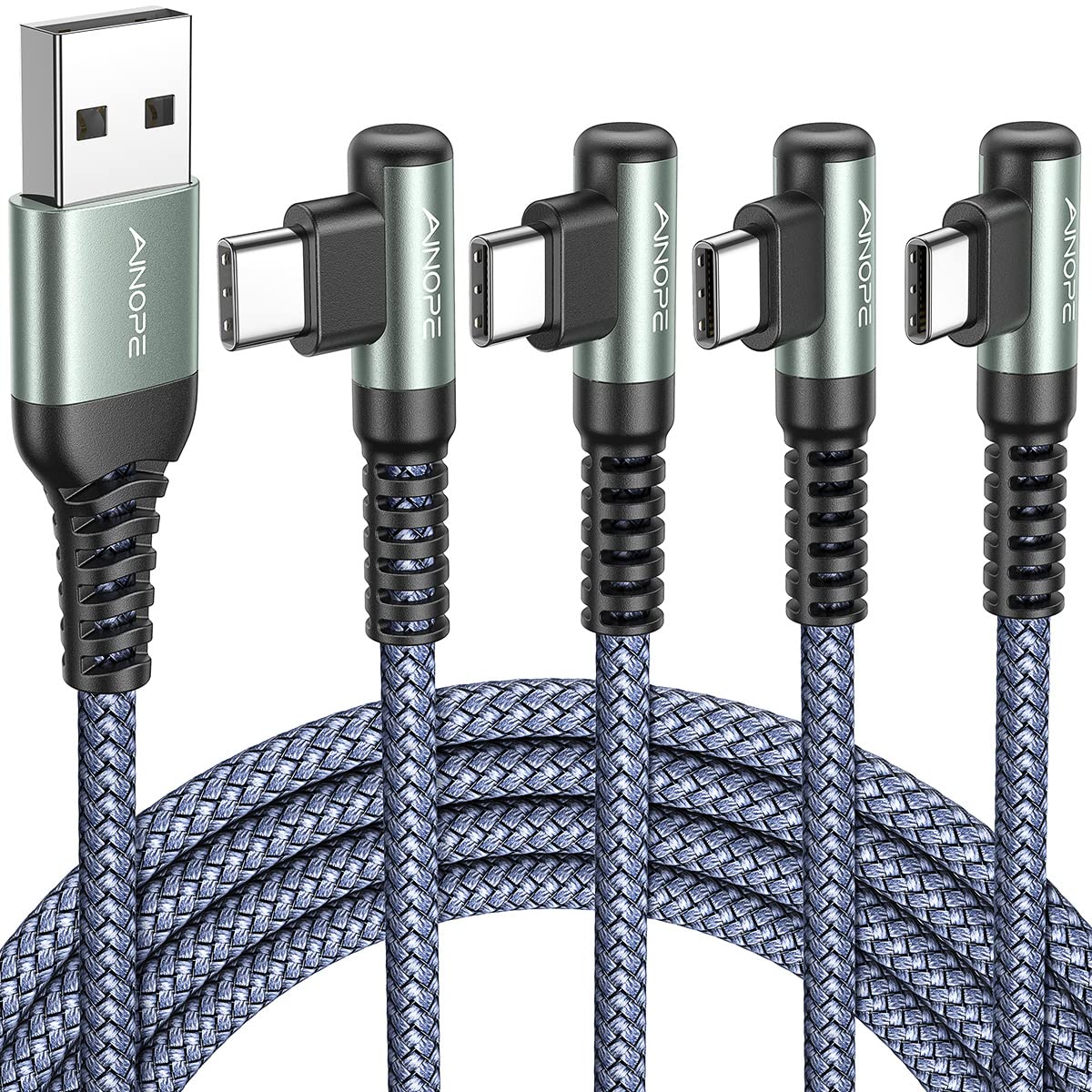 AINOPE USB C Cable 4-Pack [10/6.6/3.3/3.3FT] 3.2A 90 Degree USB C Cable Packs, Nylon Braided Angled USB C Cable Fit for Galaxy S10 S9 S8 Plus S21, Note 10 9 8, LG, Galaxy S21 Charger Fast Charging