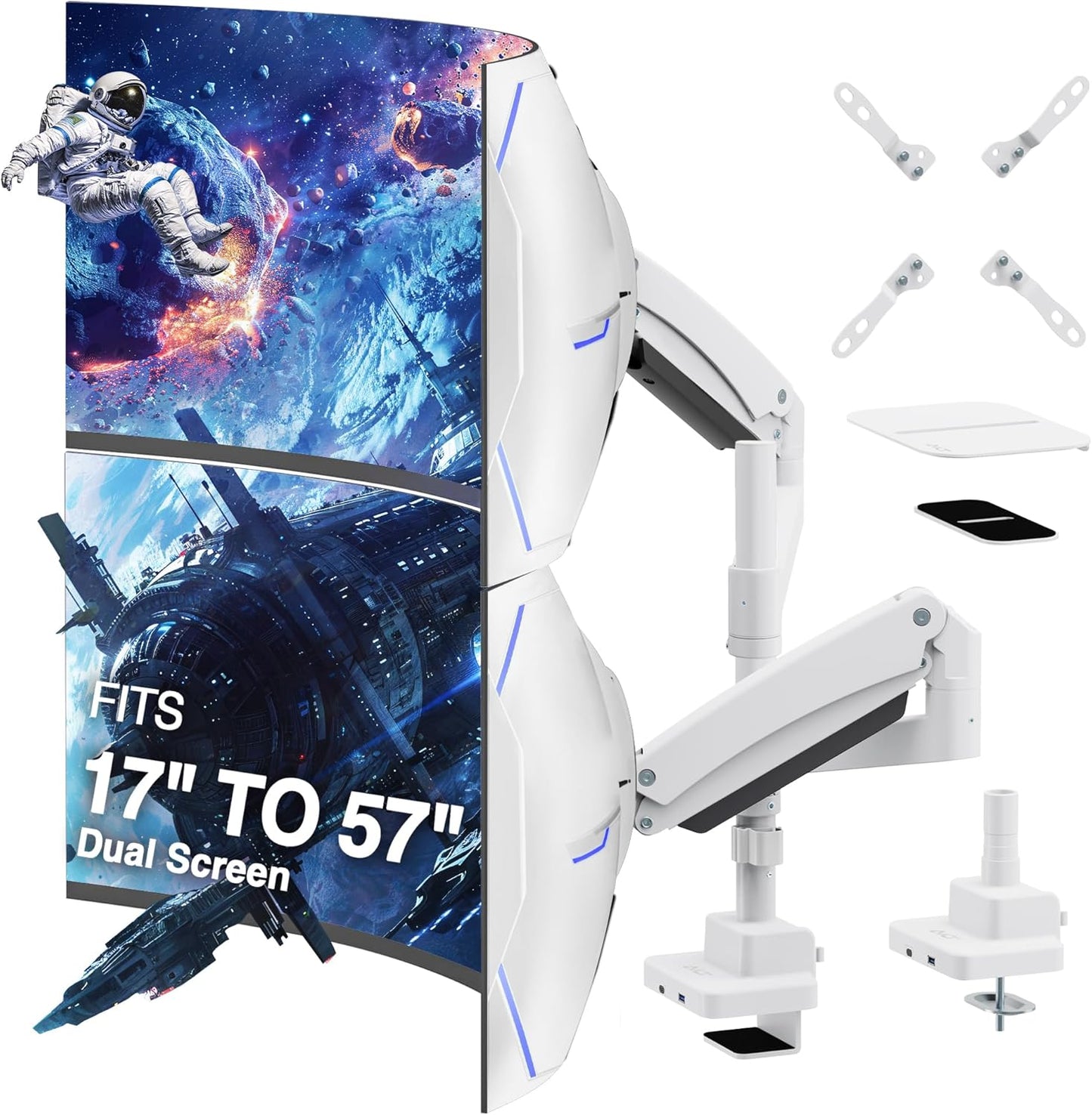 AVLT Dual 57 Inch Heavy Duty Stacking Monitor Arm Pole Top Mount With USB-C USB-A Ports-White, Height Adjustable, Easy Install Top C-Clamp/Grommet With Reinforcement Plates, VESA Compatible 200/100/75