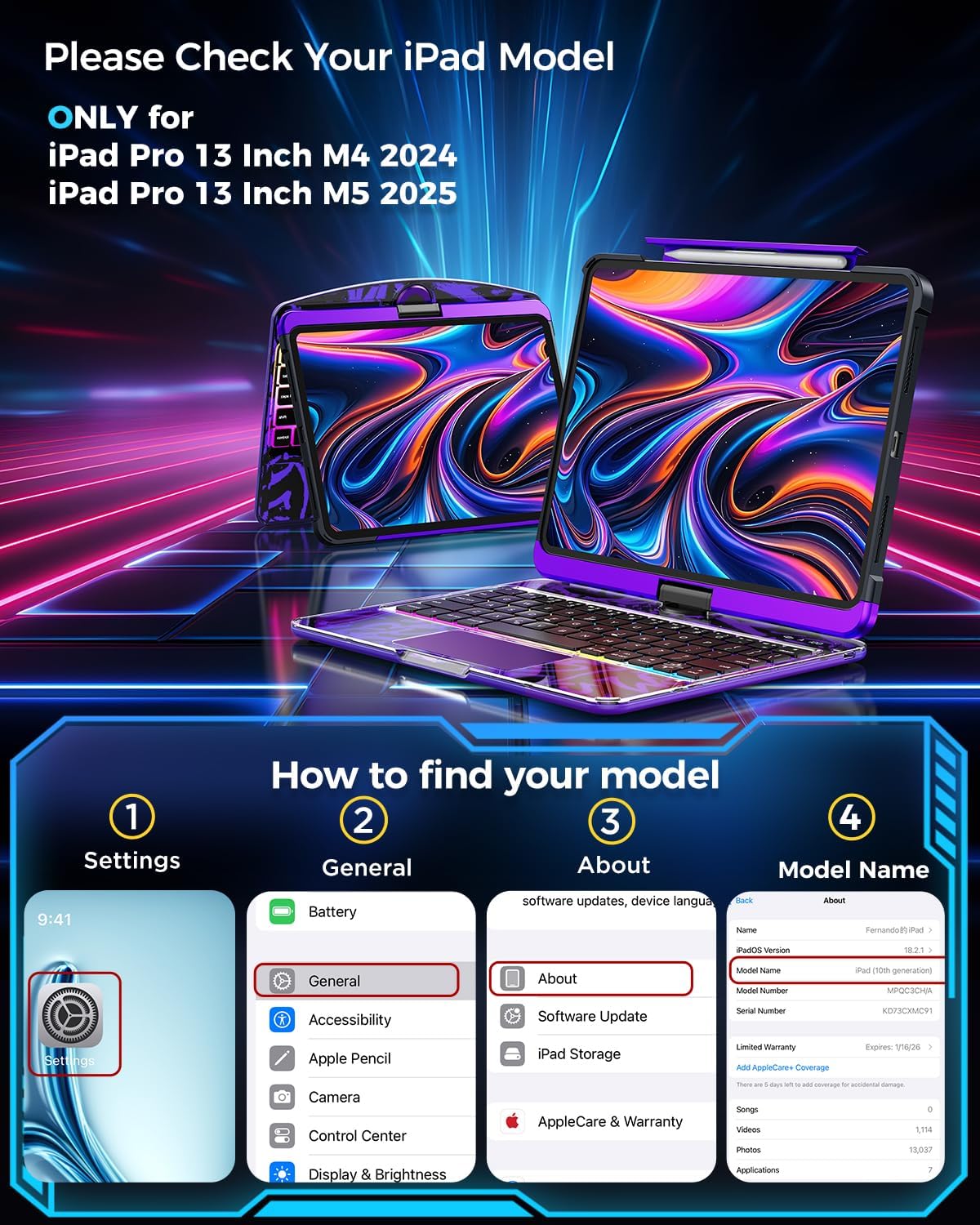 SIBEITU Keyboard Case for iPad Pro 13 Inch (M5 2025 / M4 2024), 360 Rotatable iPad Pro 13 Clear Cover with Multi-Touch Trackpad, 7-Color Backlight & 3 Brightness, High-Tech Visible PCB Design, Purple