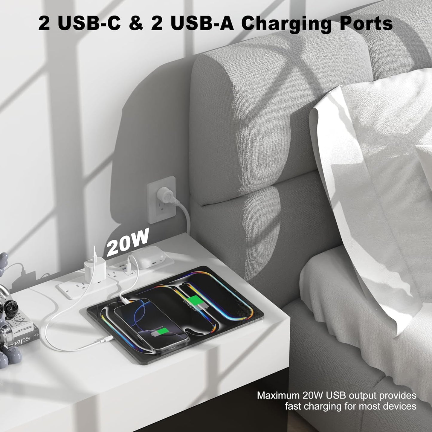 8 in 1 Recessed Power Strip with 15W Wireless Charger, 20W Fast Charging Furniture Outlet, Plug in 3 AC Outlets & 4 USB Ports Flush Mount, 6FT Cord