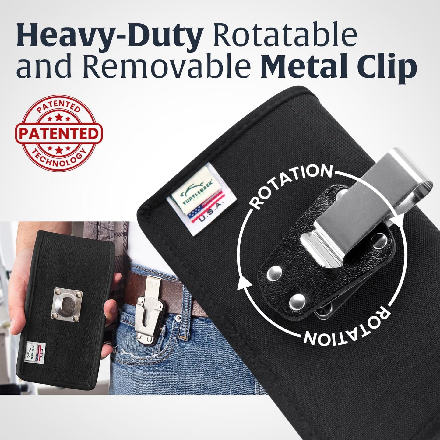 Turtleback Belt Clip for iPhone 16 Pro, 16e, 15 pro 14 Pro 13 Pro -Small- Fits w/Slim MagSafe Style Cases - Premium Black Nylon, Horizontal Belt Holder, Magnetic Closure, HD Rotating Belt Clip