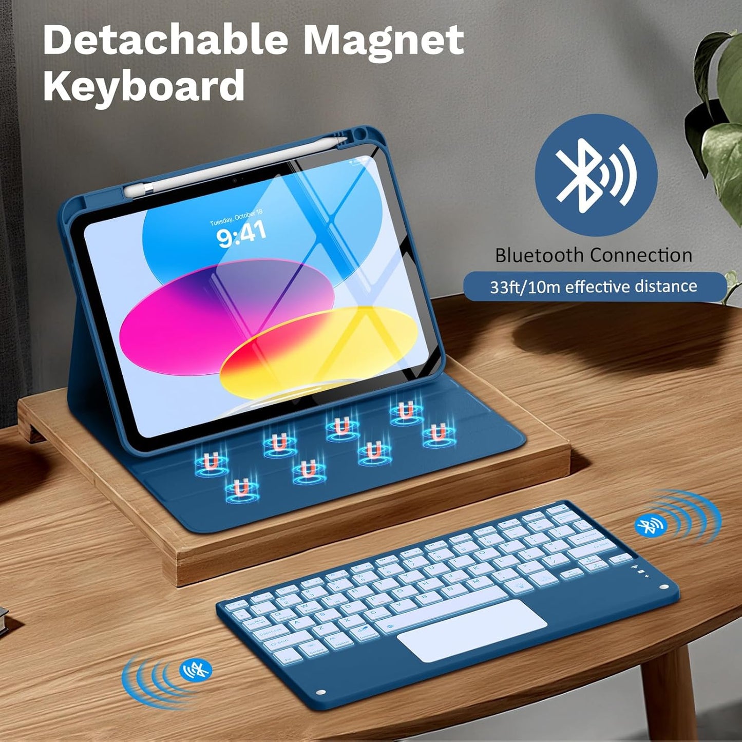 MoKo Touch Keyboard Case for iPad (A16) 11th Generation 11 inch 2025, iPad 10th Generation 10.9 inch Case with Pencil Holder,7 Colors Backlit Multi-TrackPad Detachable Bluetooth Keyboard,Dark Sea Blue