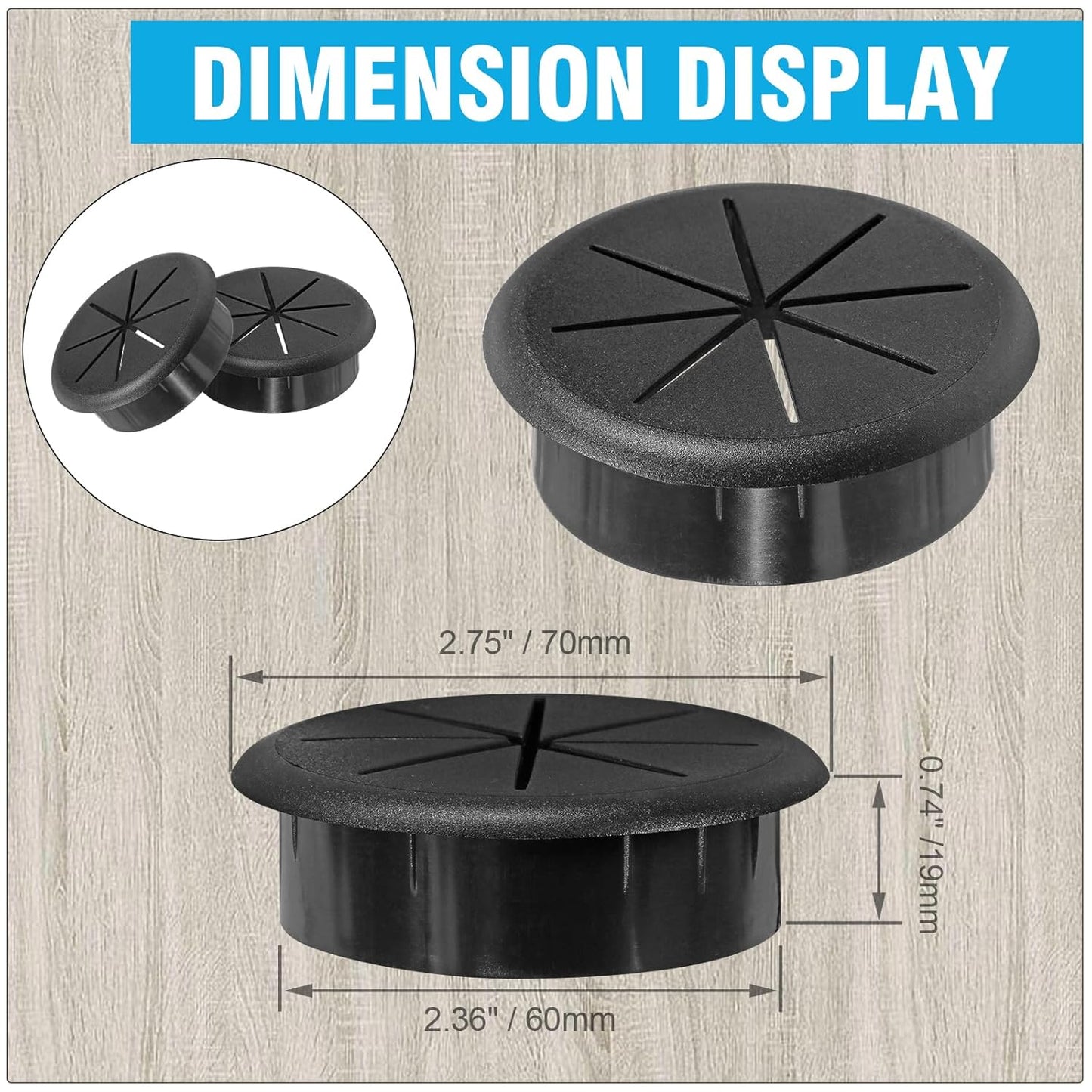 2-3/8" Black Desk Grommet, JTemgle Flexible Cable Grommet Rubber Cable Hole Cover Wire Organizer Caps Desktop Cord Management for Home Office TV Stands Tabletops, 5 Pieces